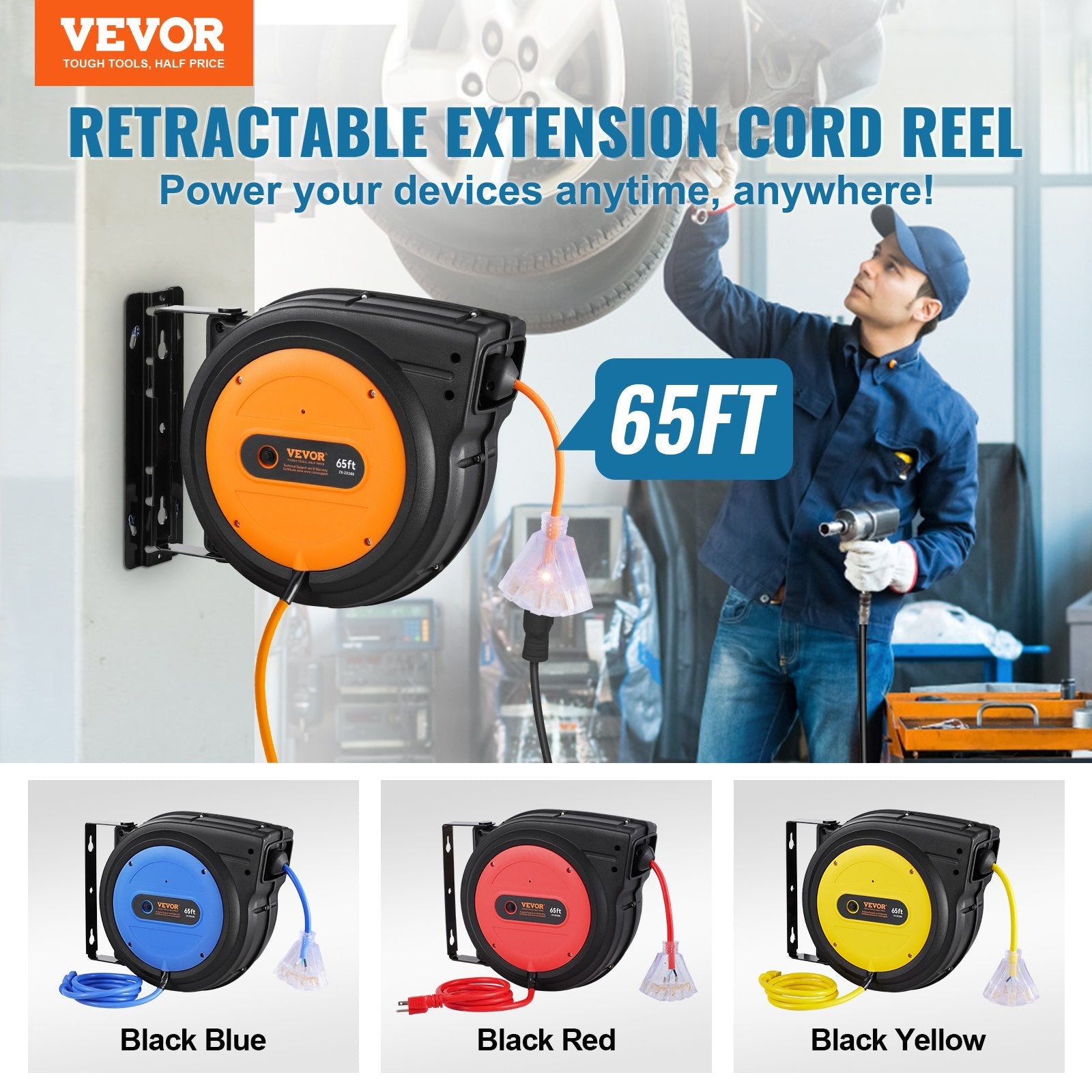 VEVOR Retractable Extension Cord Reel Power Cord Reel 65FT 12AWG/3C SJTOW 