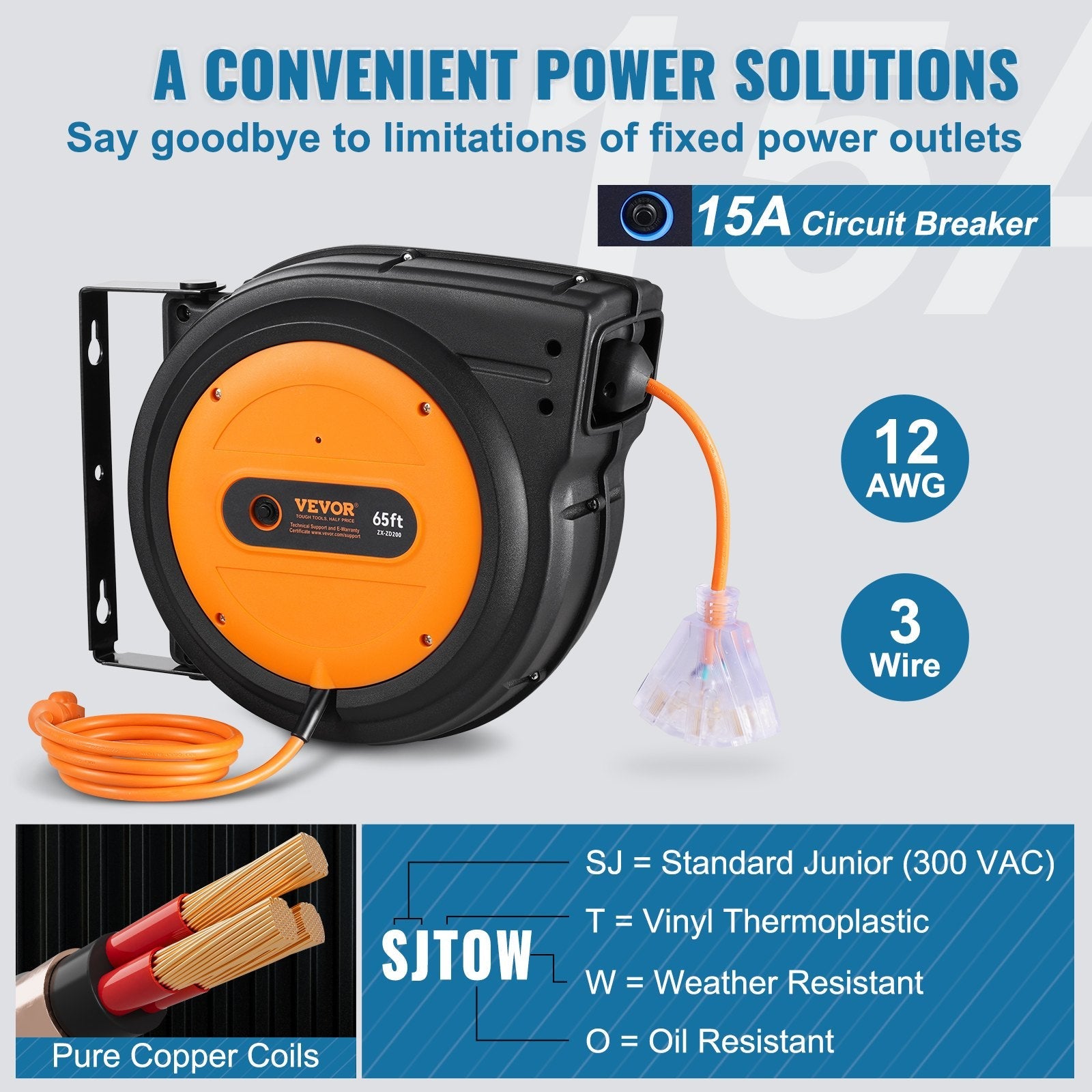 VEVOR Retractable Extension Cord Reel Power Cord Reel 65FT 12AWG/3C SJTOW 