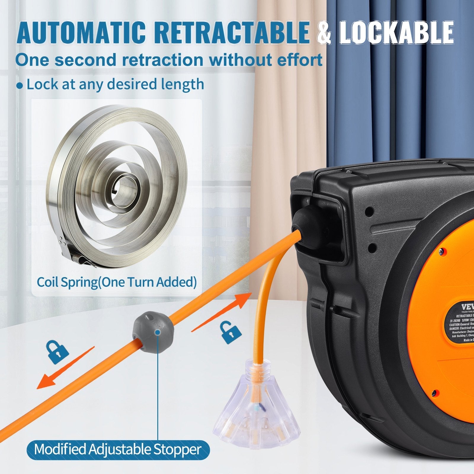 VEVOR Retractable Extension Cord Reel Power Cord Reel 65FT 12AWG/3C SJTOW 