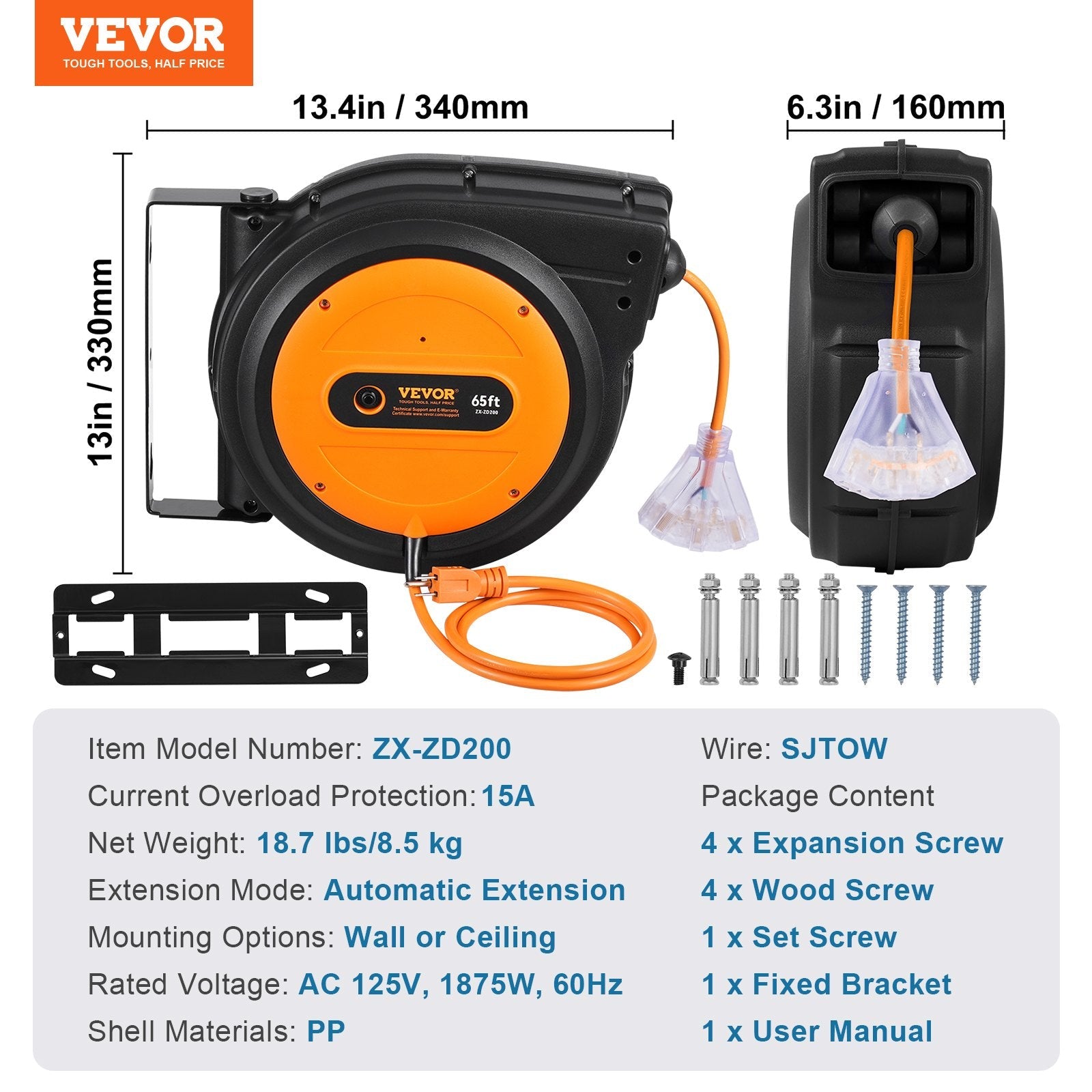 VEVOR Retractable Extension Cord Reel Power Cord Reel 65FT 12AWG/3C SJTOW 