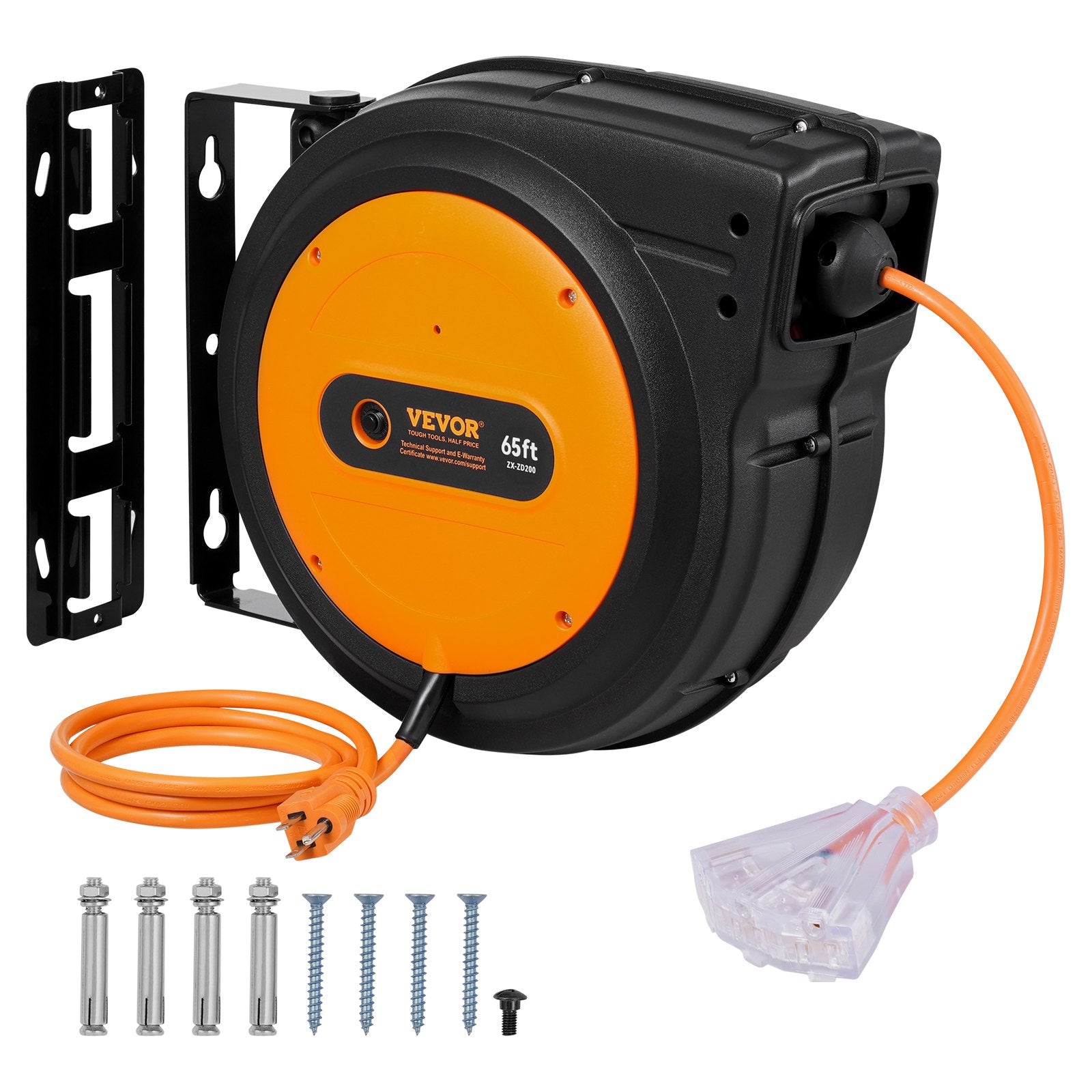 VEVOR Retractable Extension Cord Reel Power Cord Reel 65FT 12AWG/3C SJTOW 