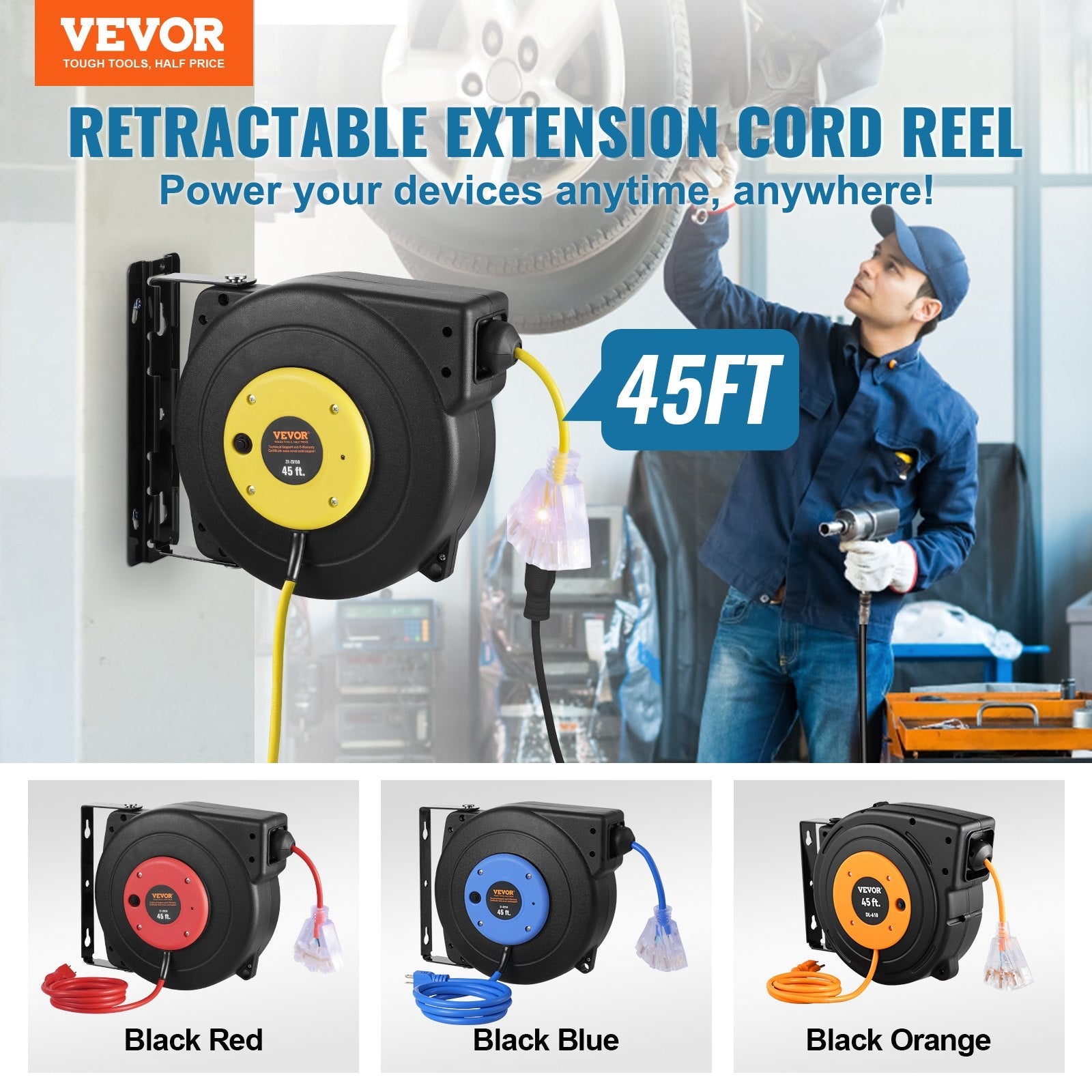 VEVOR Retractable Extension Cord Reel Power Cord Reel 45FT 12AWG/3C SJTOW 
