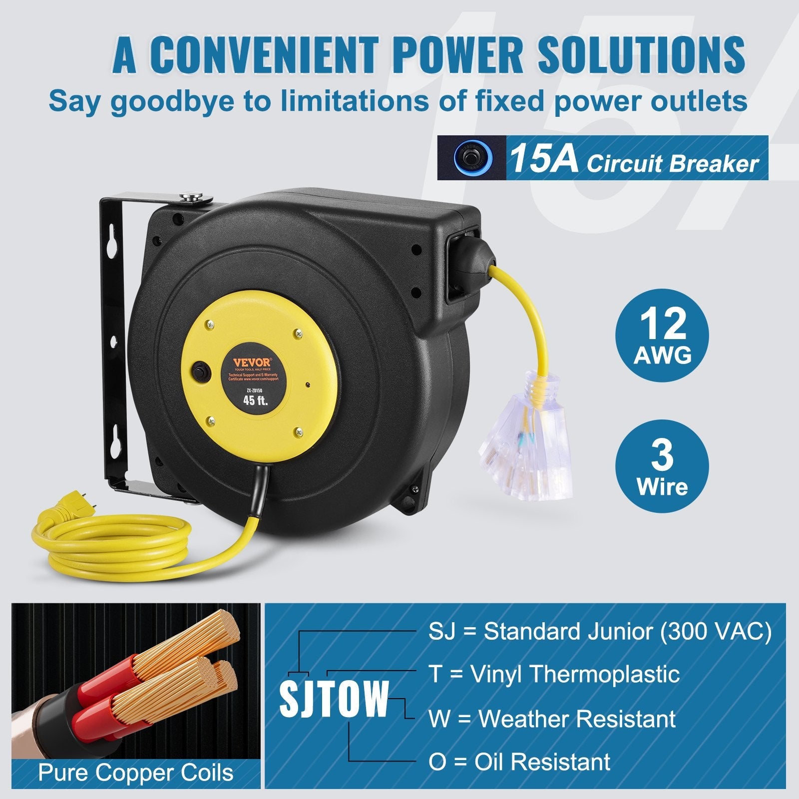VEVOR Retractable Extension Cord Reel Power Cord Reel 45FT 12AWG/3C SJTOW 