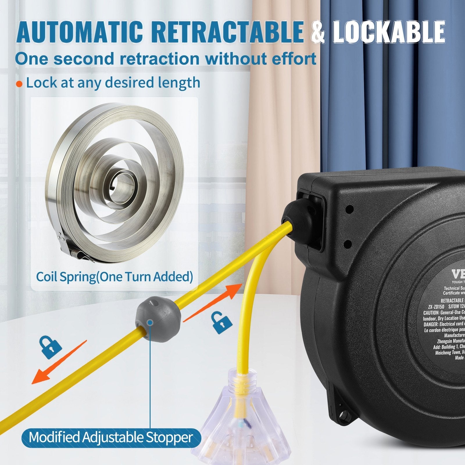 VEVOR Retractable Extension Cord Reel Power Cord Reel 45FT 12AWG/3C SJTOW 
