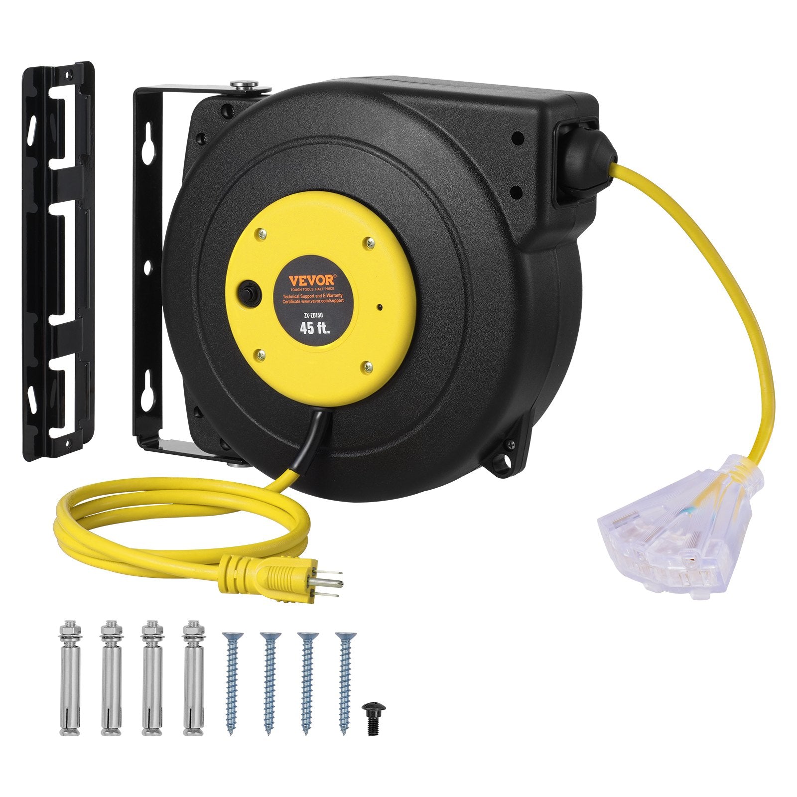 VEVOR Retractable Extension Cord Reel Power Cord Reel 45FT 12AWG/3C SJTOW 