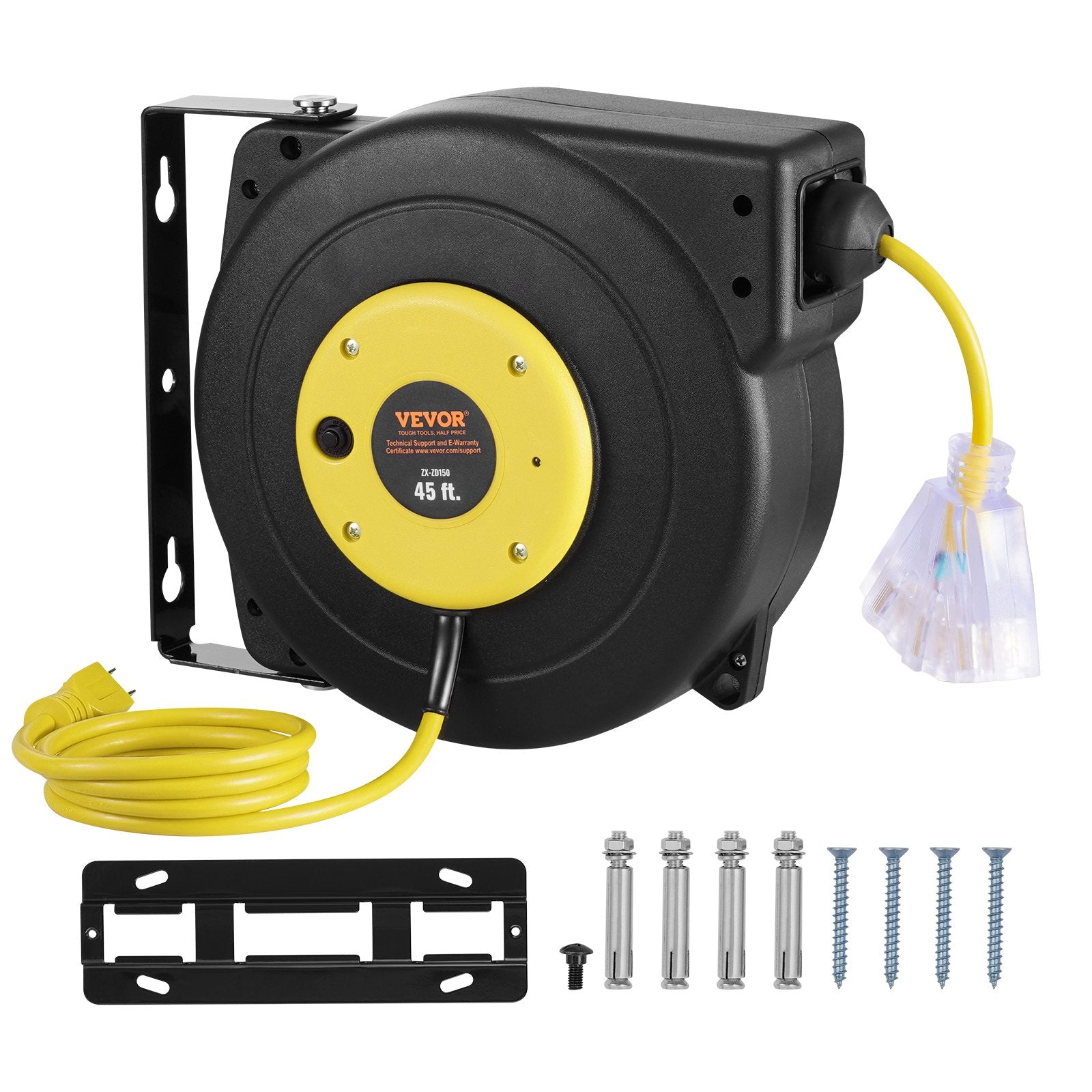 VEVOR Retractable Extension Cord Reel Power Cord Reel 45FT 12AWG/3C SJTOW 