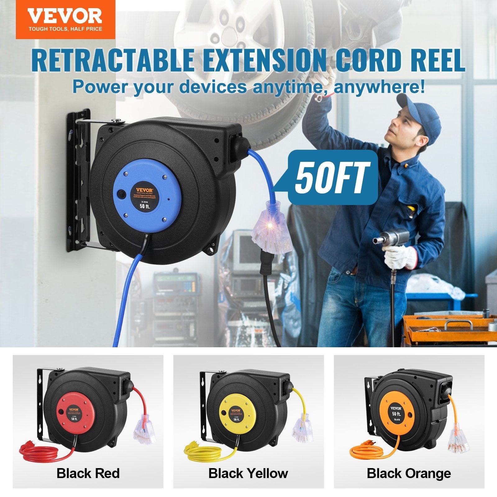 VEVOR Retractable Extension Cord Reel Power Cord Reel 50FT 14AWG/3C SJTOW 