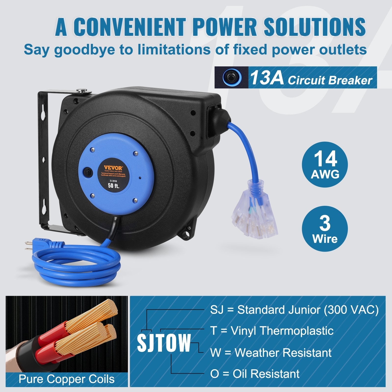 VEVOR Retractable Extension Cord Reel Power Cord Reel 50FT 14AWG/3C SJTOW 