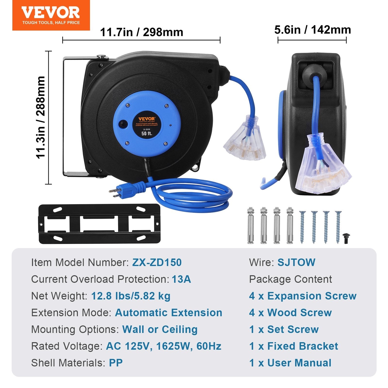 VEVOR Retractable Extension Cord Reel Power Cord Reel 50FT 14AWG/3C SJTOW 