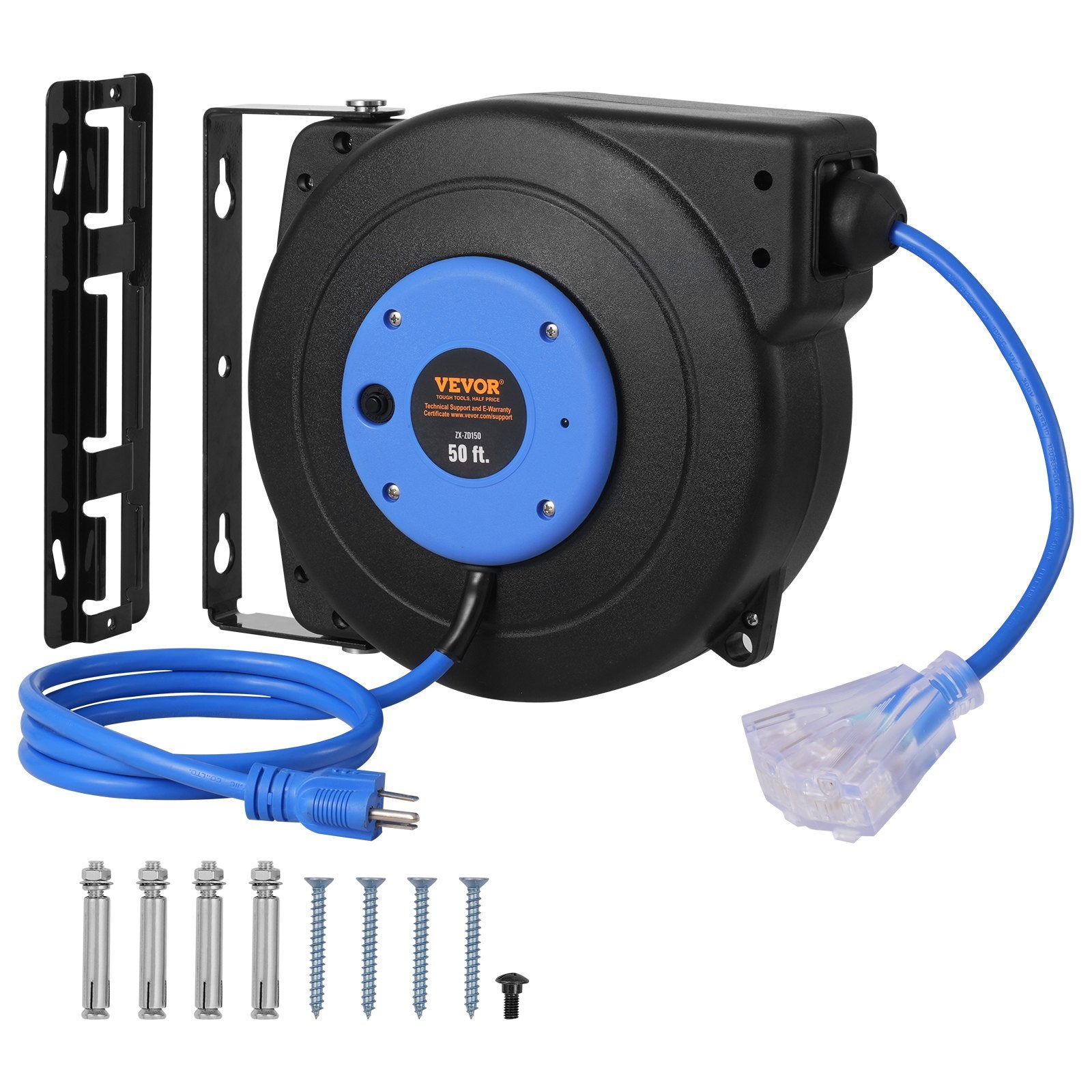 VEVOR Retractable Extension Cord Reel Power Cord Reel 50FT 14AWG/3C SJTOW 