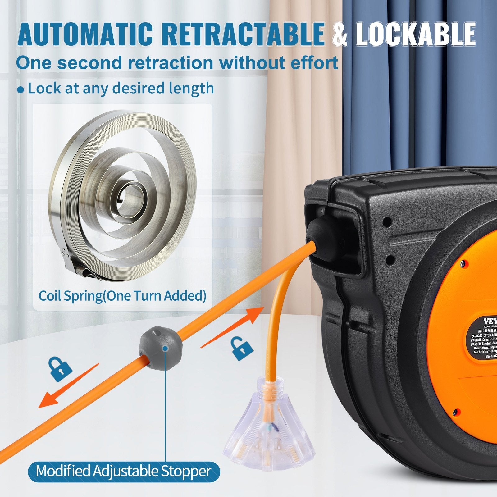 VEVOR Retractable Extension Cord Reel Power Cord Reel 75FT 14AWG/3C SJTOW 