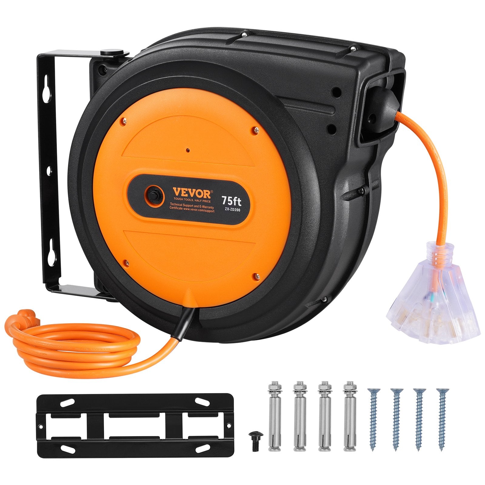 VEVOR Retractable Extension Cord Reel Power Cord Reel 75FT 14AWG/3C SJTOW 