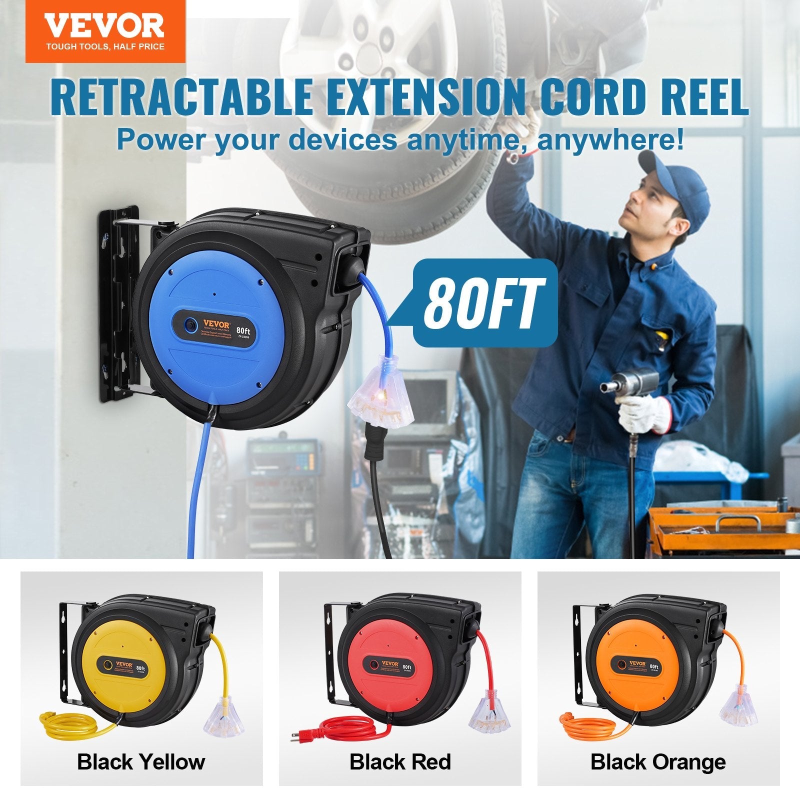 VEVOR Retractable Extension Cord Reel Power Cord Reel 80FT 12AWG/3C SJTOW 