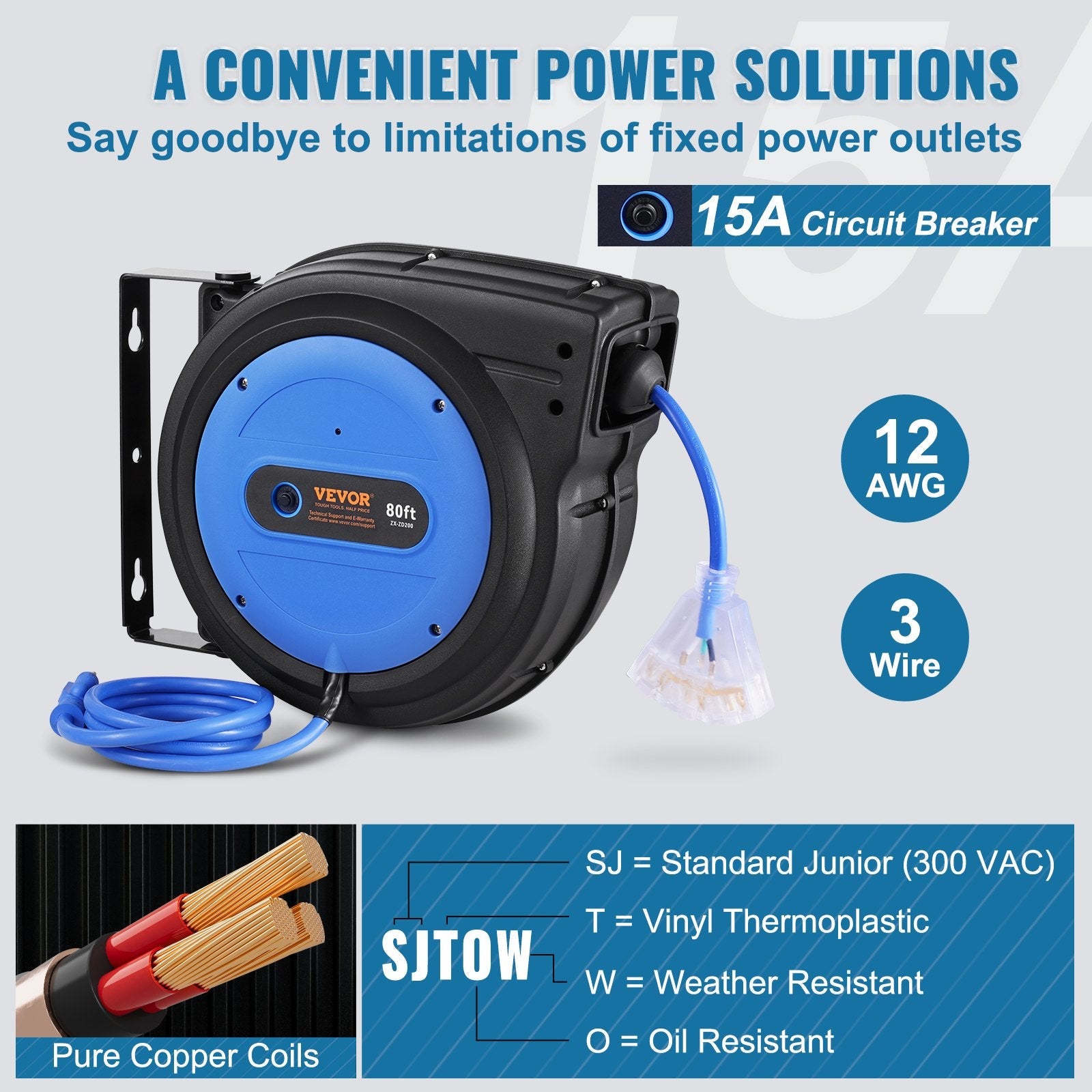 VEVOR Retractable Extension Cord Reel Power Cord Reel 80FT 12AWG/3C SJTOW 