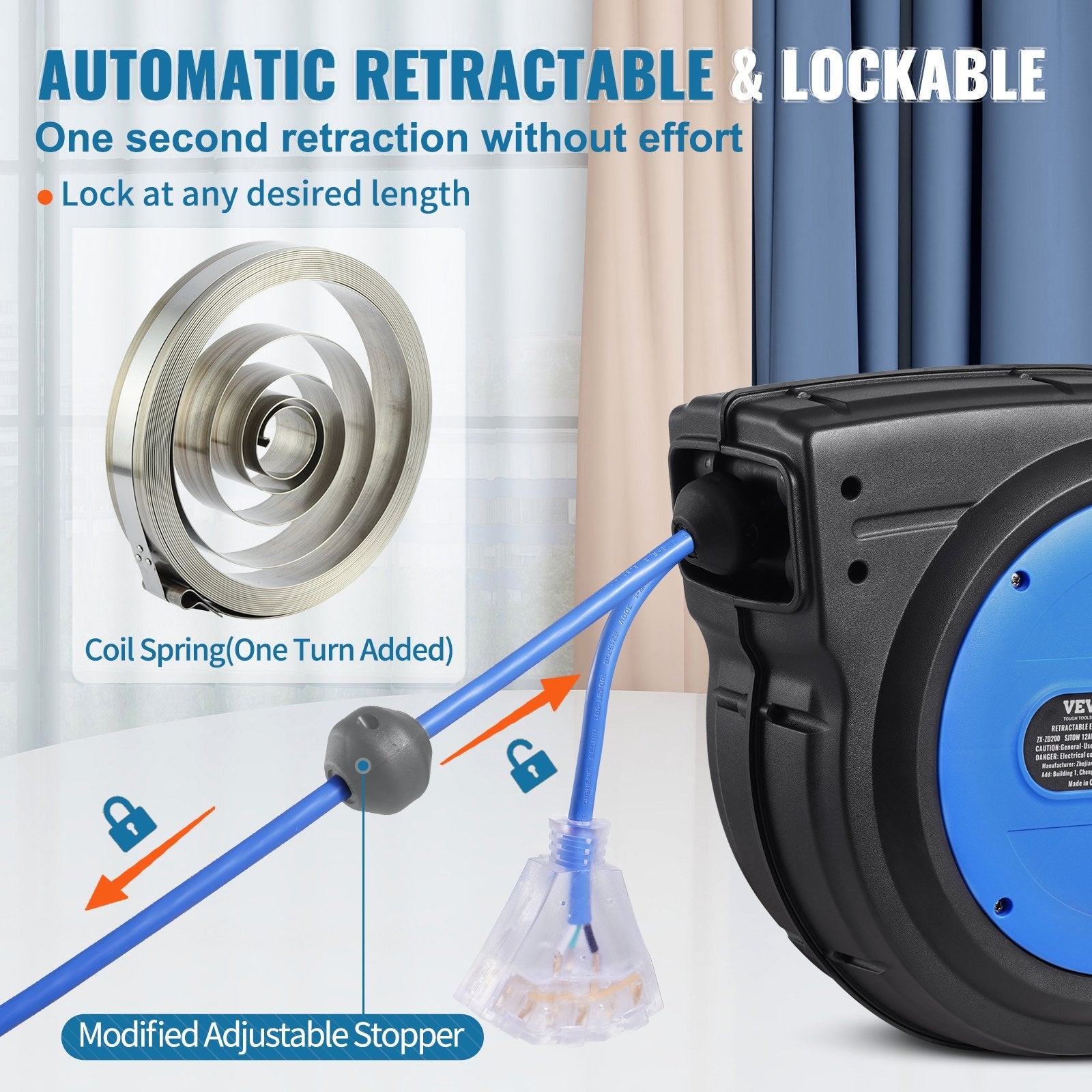 VEVOR Retractable Extension Cord Reel Power Cord Reel 80FT 12AWG/3C SJTOW 