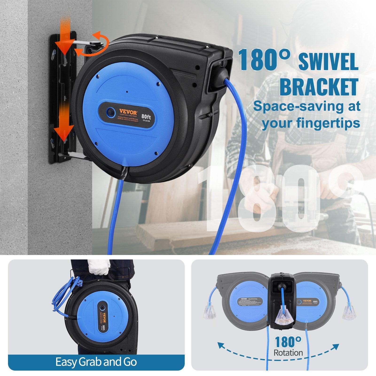 VEVOR Retractable Extension Cord Reel Power Cord Reel 80FT 12AWG/3C SJTOW 