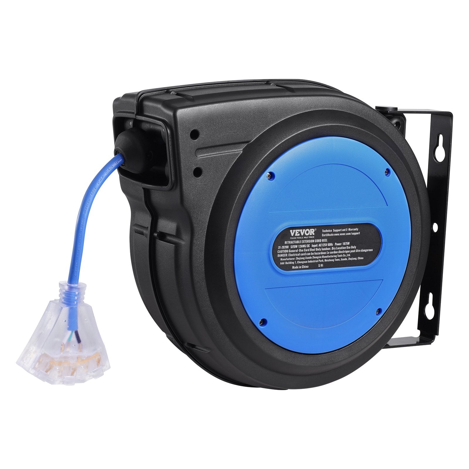 VEVOR Retractable Extension Cord Reel Power Cord Reel 80FT 12AWG/3C SJTOW 