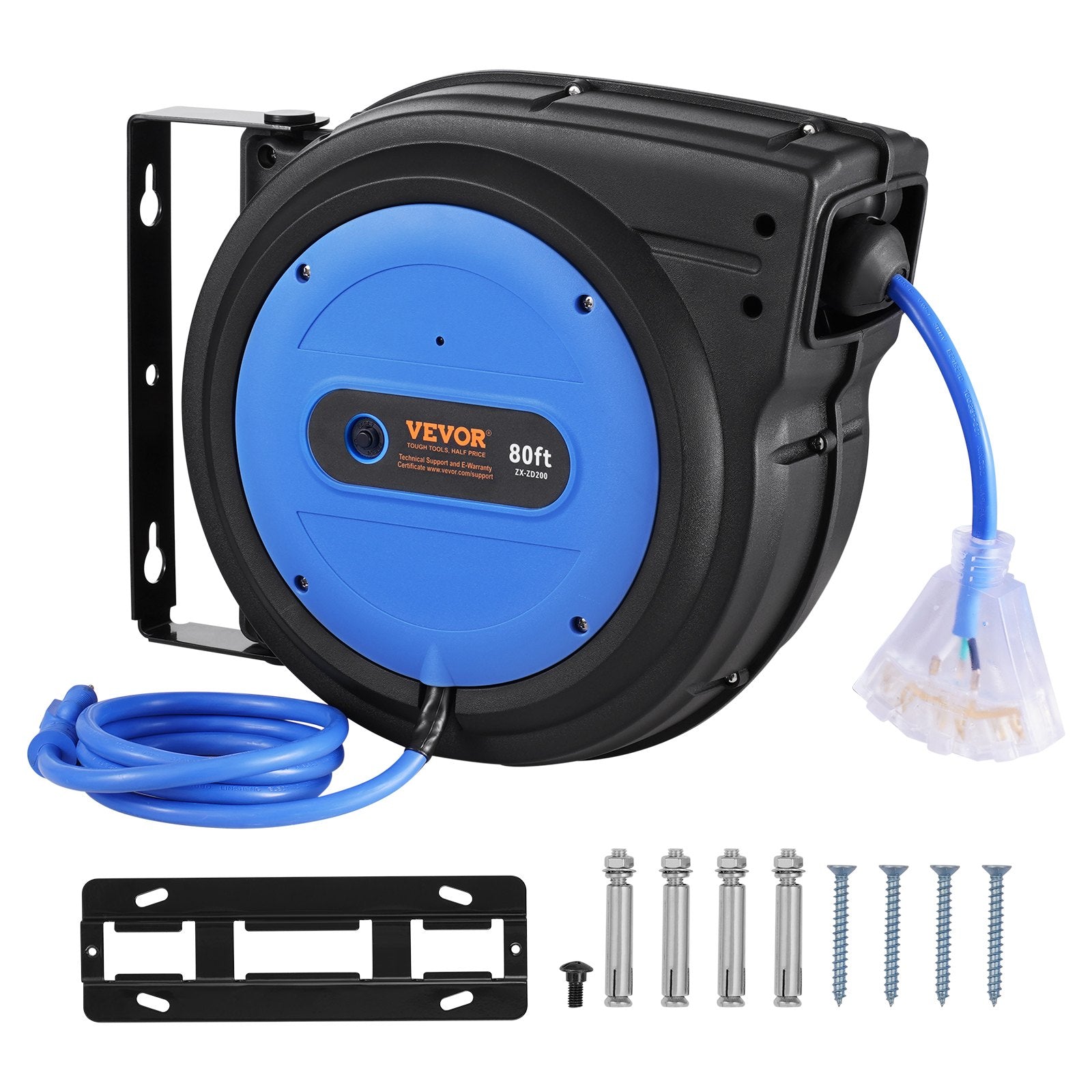 VEVOR Retractable Extension Cord Reel Power Cord Reel 80FT 12AWG/3C SJTOW 