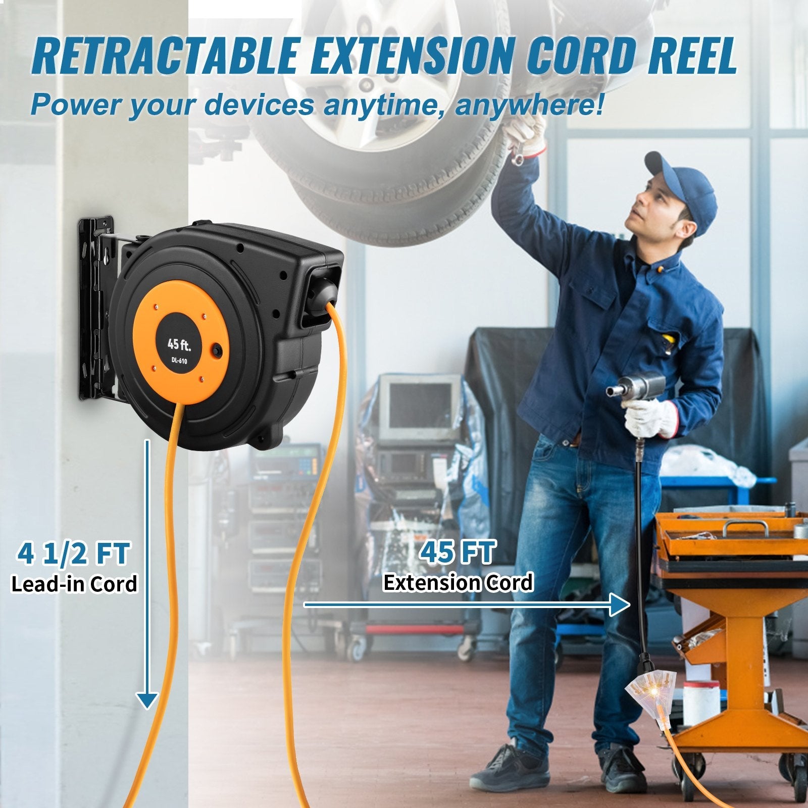 VEVOR Retractable Extension Reel, Heavy Duty 12AWG/3C SJTOW Power Cord 45 FT 12AWG, Black 
