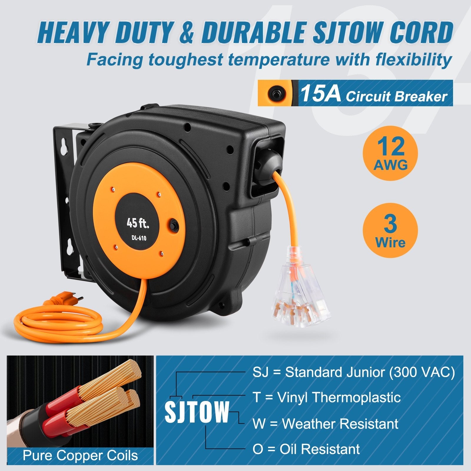 VEVOR Retractable Extension Reel, Heavy Duty 12AWG/3C SJTOW Power Cord 45 FT 12AWG, Black 
