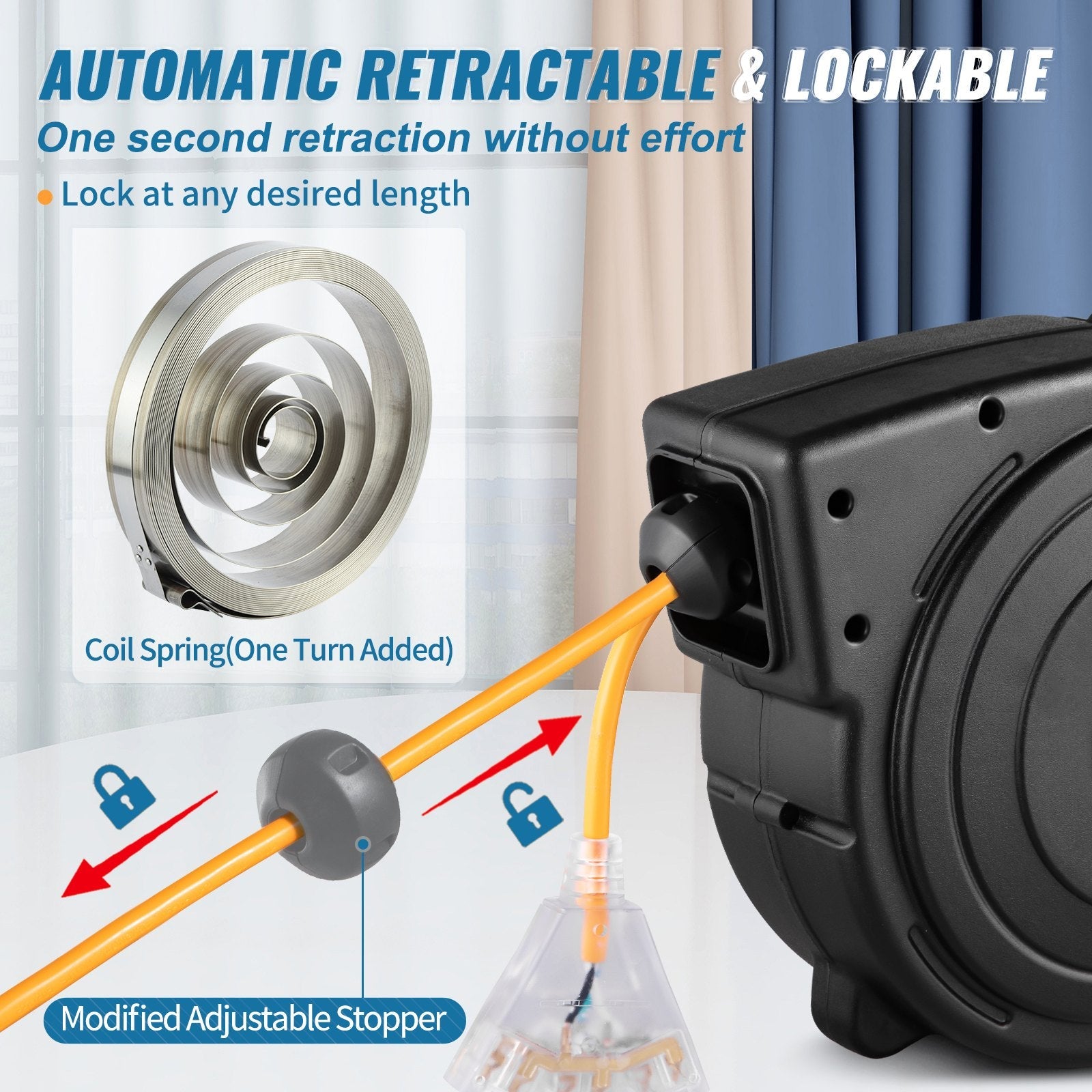 VEVOR Retractable Extension Reel, Heavy Duty 12AWG/3C SJTOW Power Cord 45 FT 12AWG, Black 