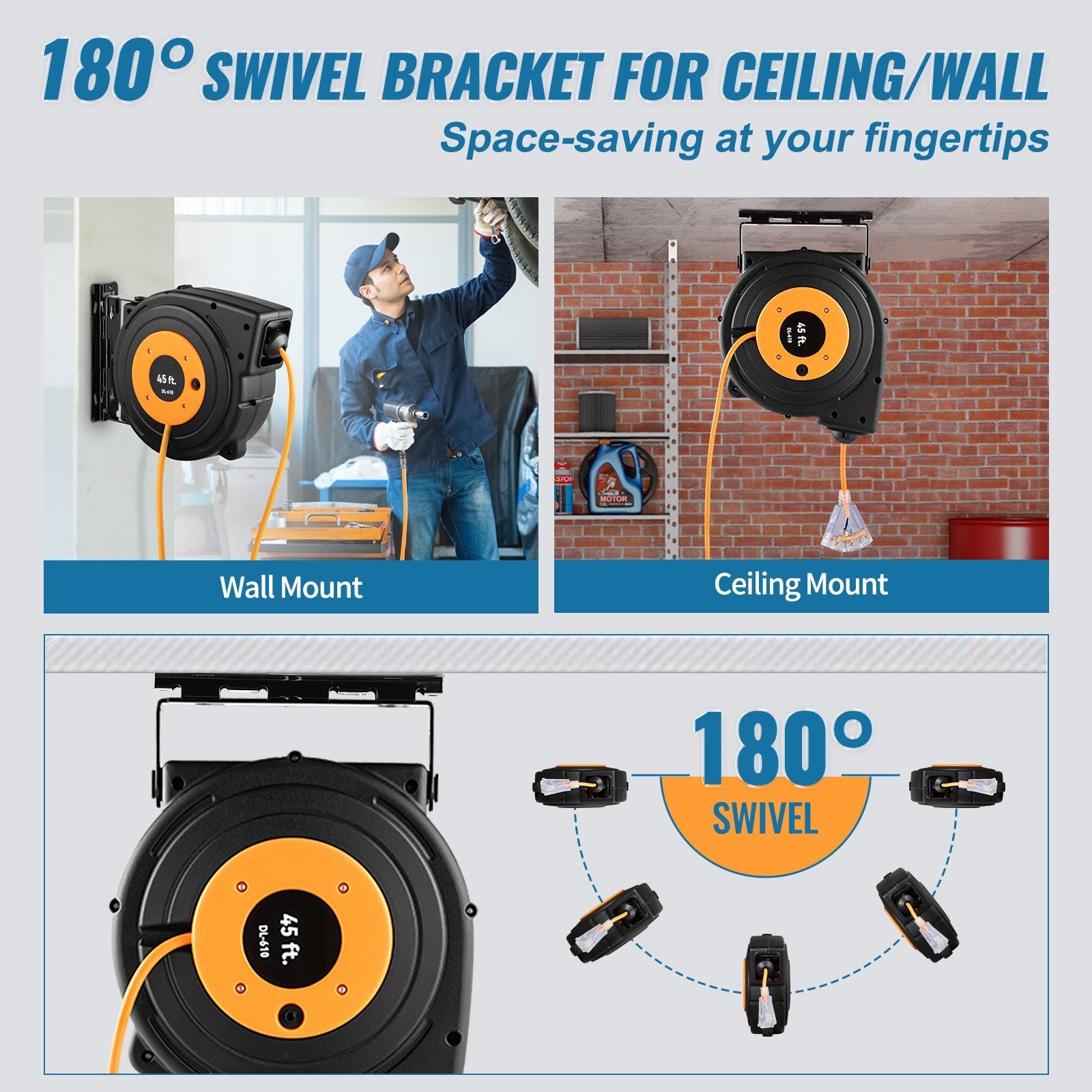 VEVOR Retractable Extension Reel, Heavy Duty 12AWG/3C SJTOW Power Cord 45 FT 12AWG, Black 