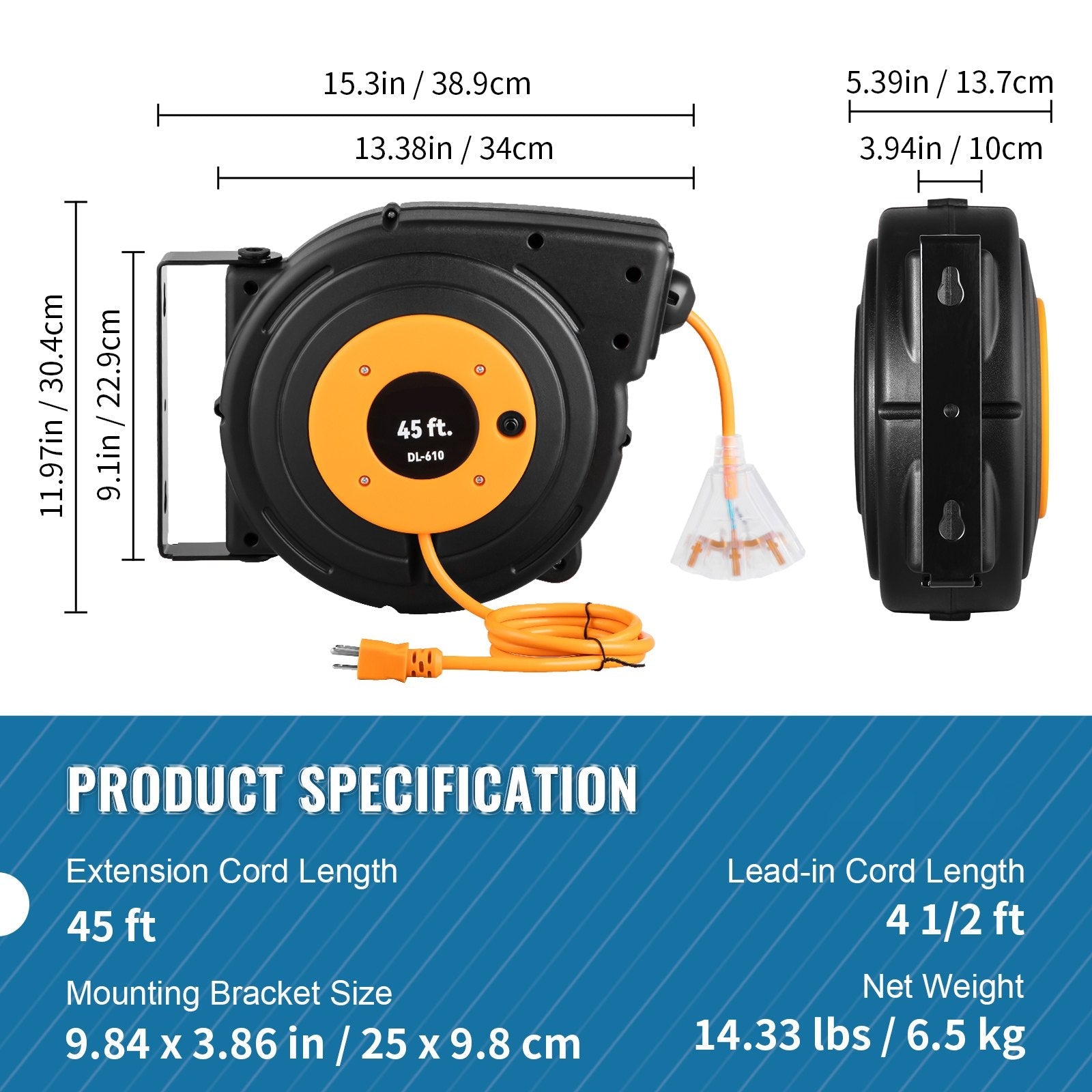 VEVOR Retractable Extension Reel, Heavy Duty 12AWG/3C SJTOW Power Cord 45 FT 12AWG, Black 