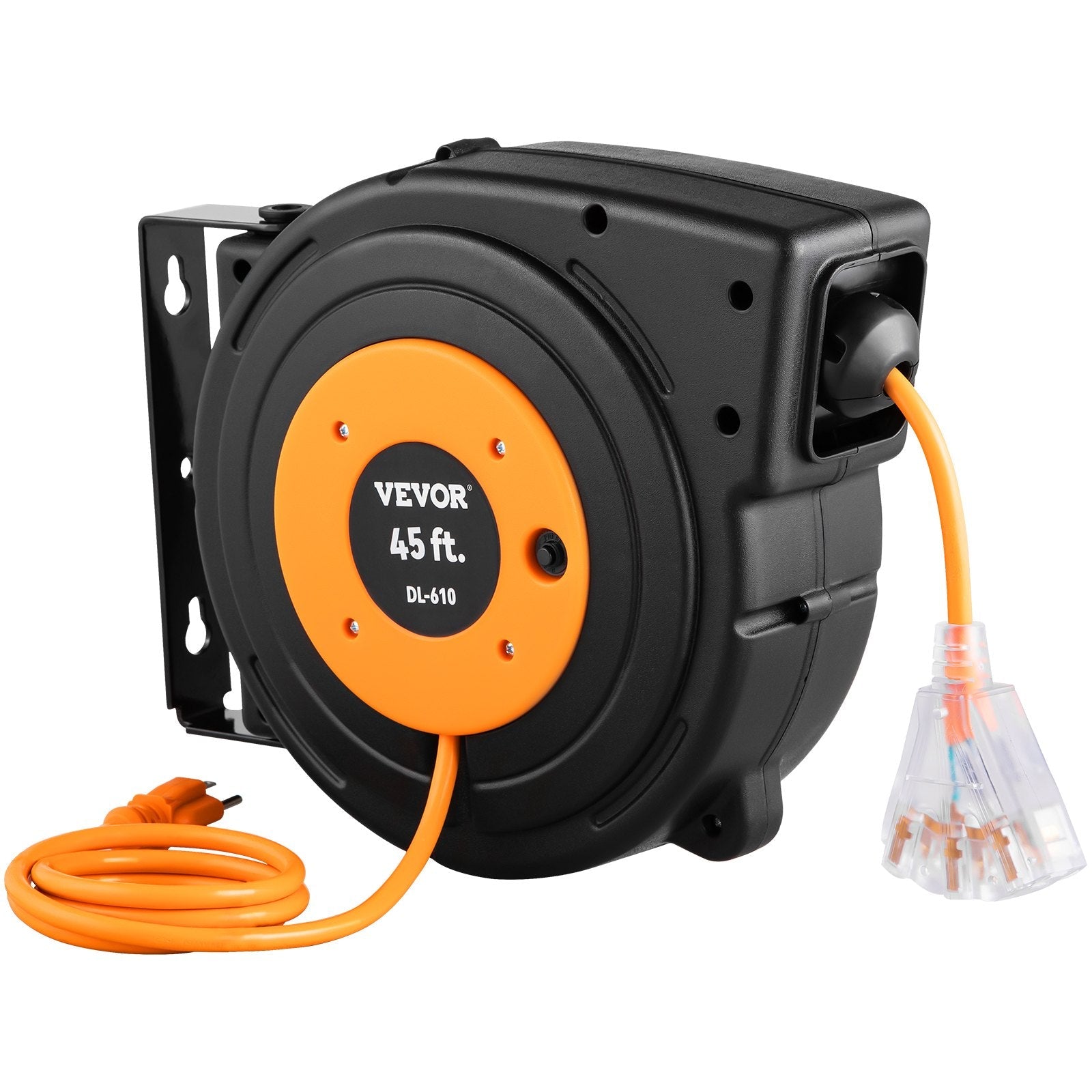 VEVOR Retractable Extension Reel, Heavy Duty 12AWG/3C SJTOW Power Cord 45 FT 12AWG, Black 