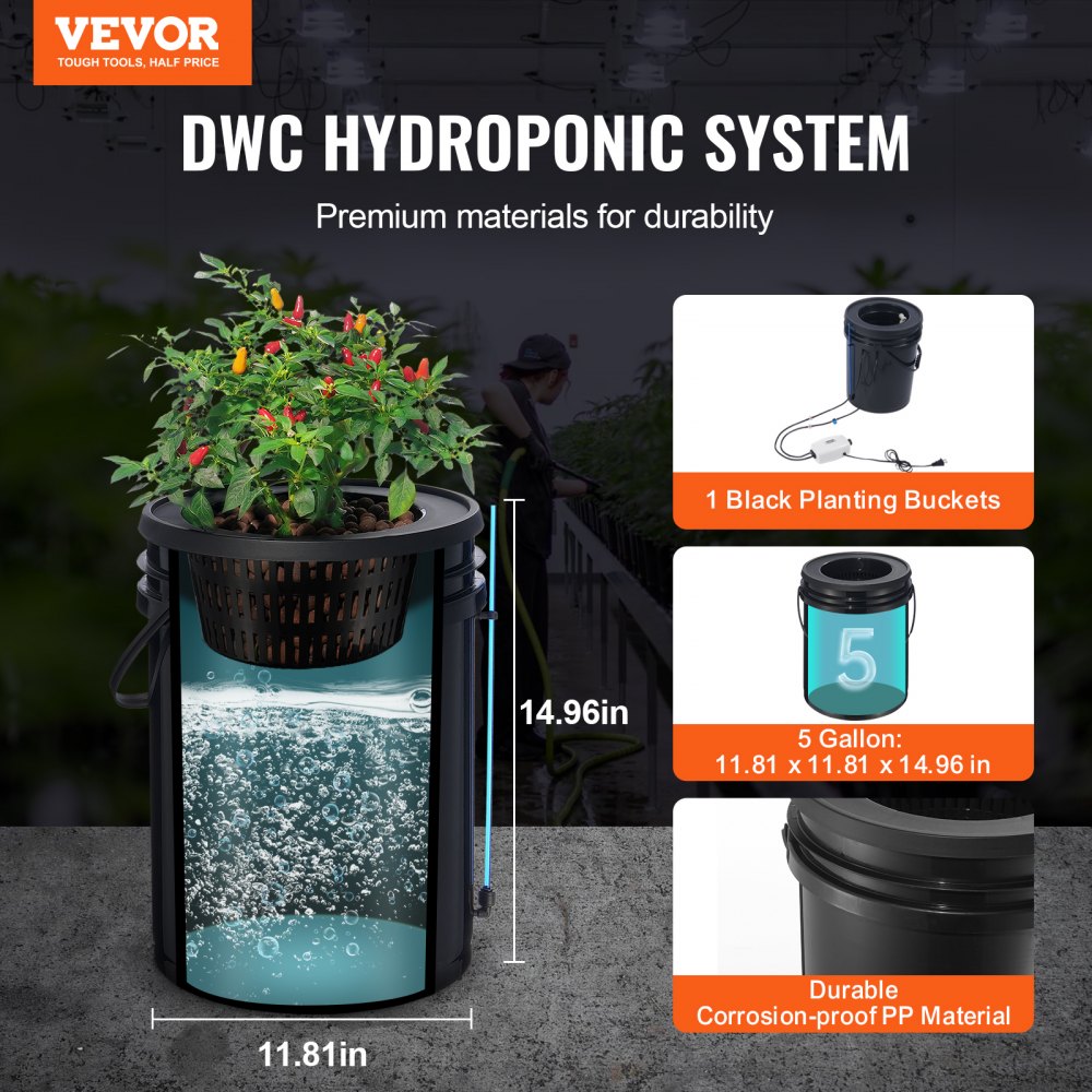 VEVOR DWC Hydroponics Grow System Deep Water Culture with Top Drip 1 Bucket 5Gal 