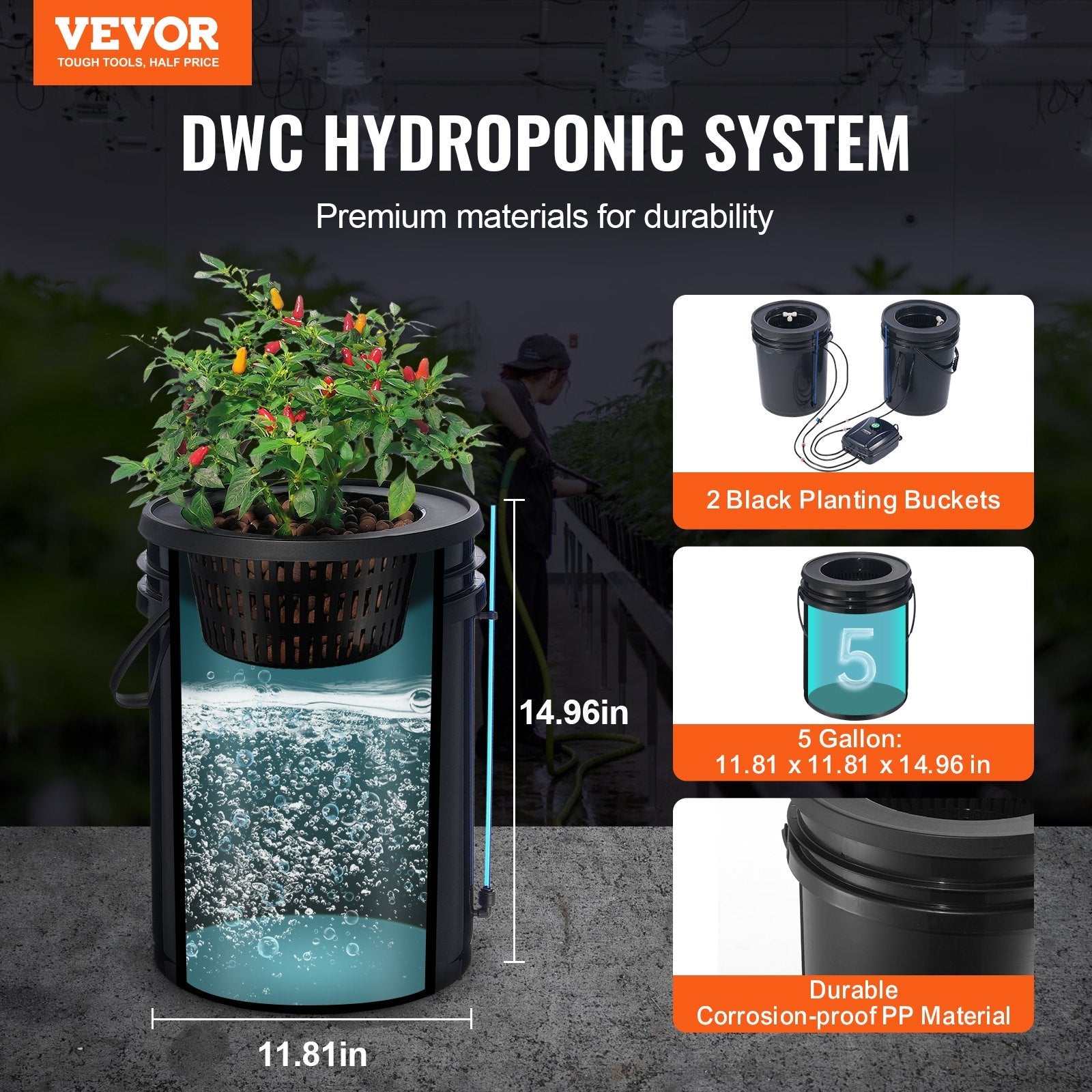 VEVOR DWC Hydroponics Grow System Deep Water Culture with Top Drip 2 Buckets 