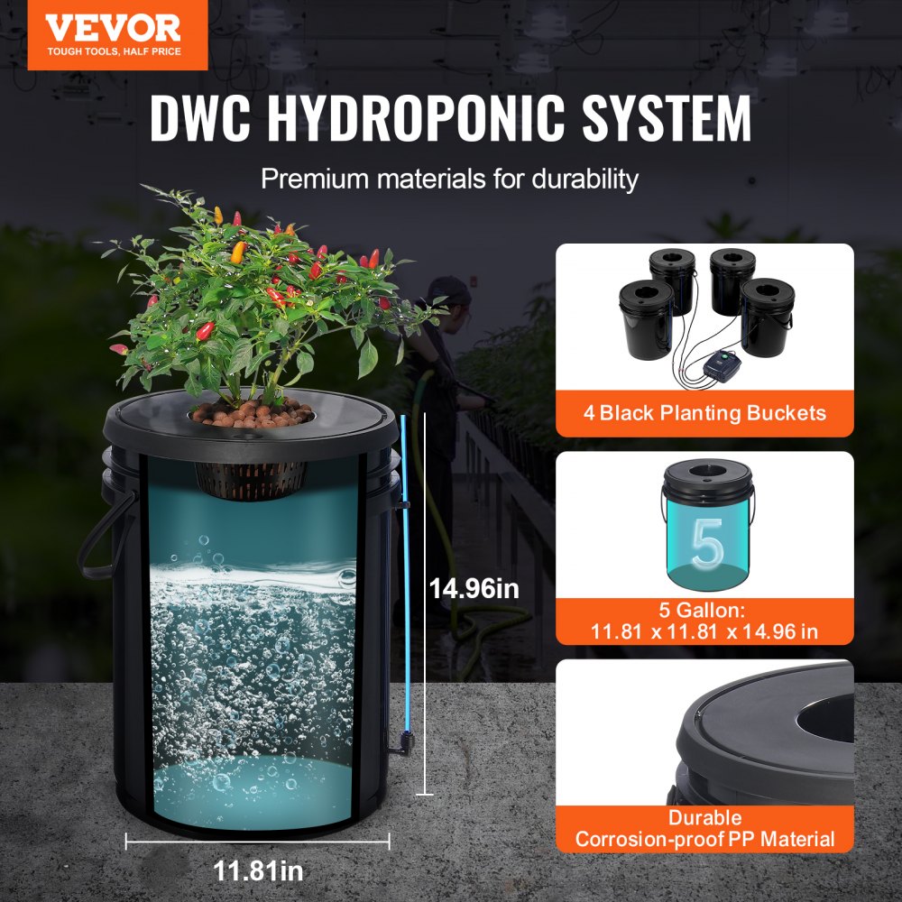 VEVOR DWC Hydroponic System, 5 Gallon 4 Buckets, Deep Water Culture Growing Bucket, Hydroponics Grow Kit with Pump, Air Stone and Water Level Device, for Indoor/Outdoor Leafy Vegetables 