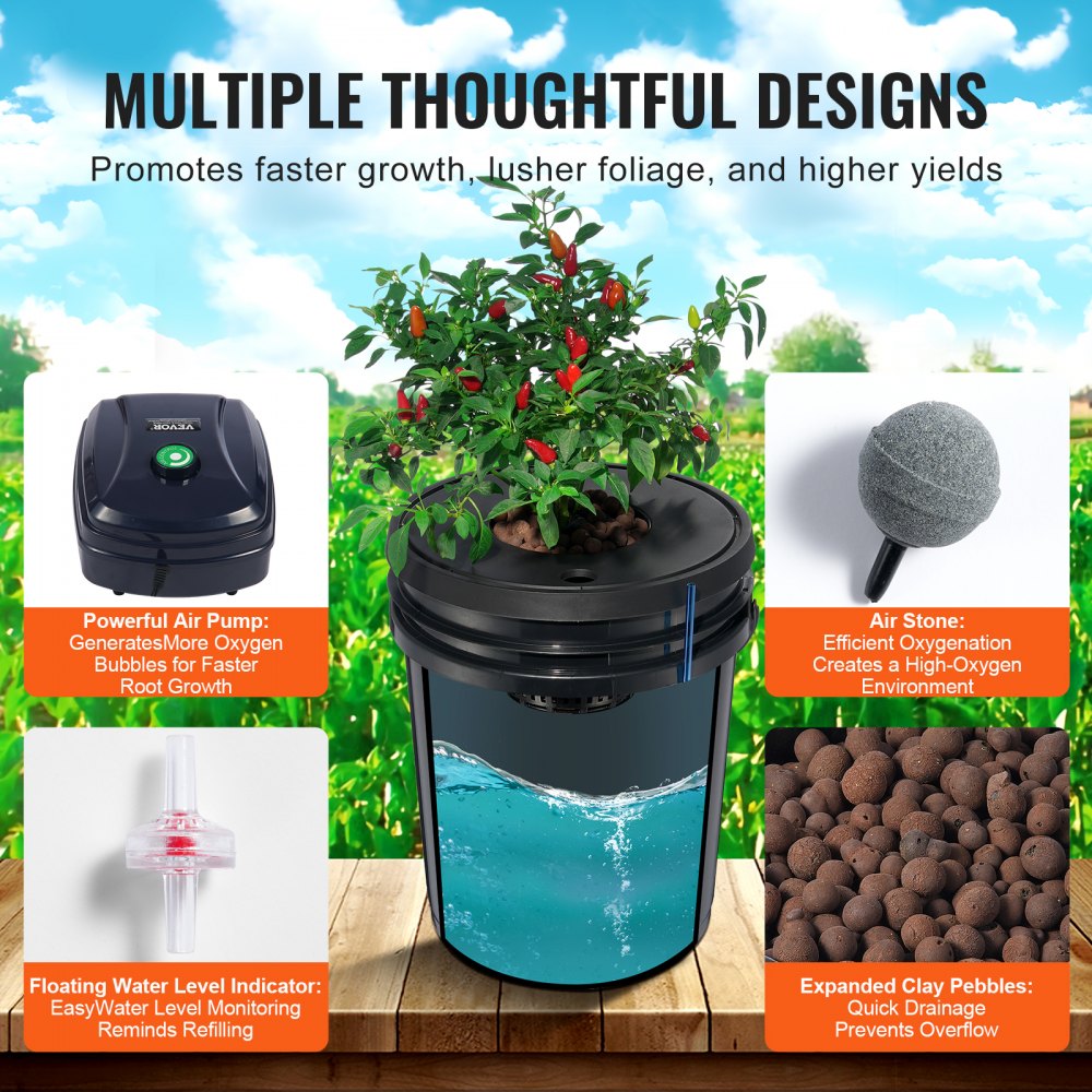 VEVOR DWC Hydroponic System, 5 Gallon 4 Buckets, Deep Water Culture Growing Bucket, Hydroponics Grow Kit with Pump, Air Stone and Water Level Device, for Indoor/Outdoor Leafy Vegetables 