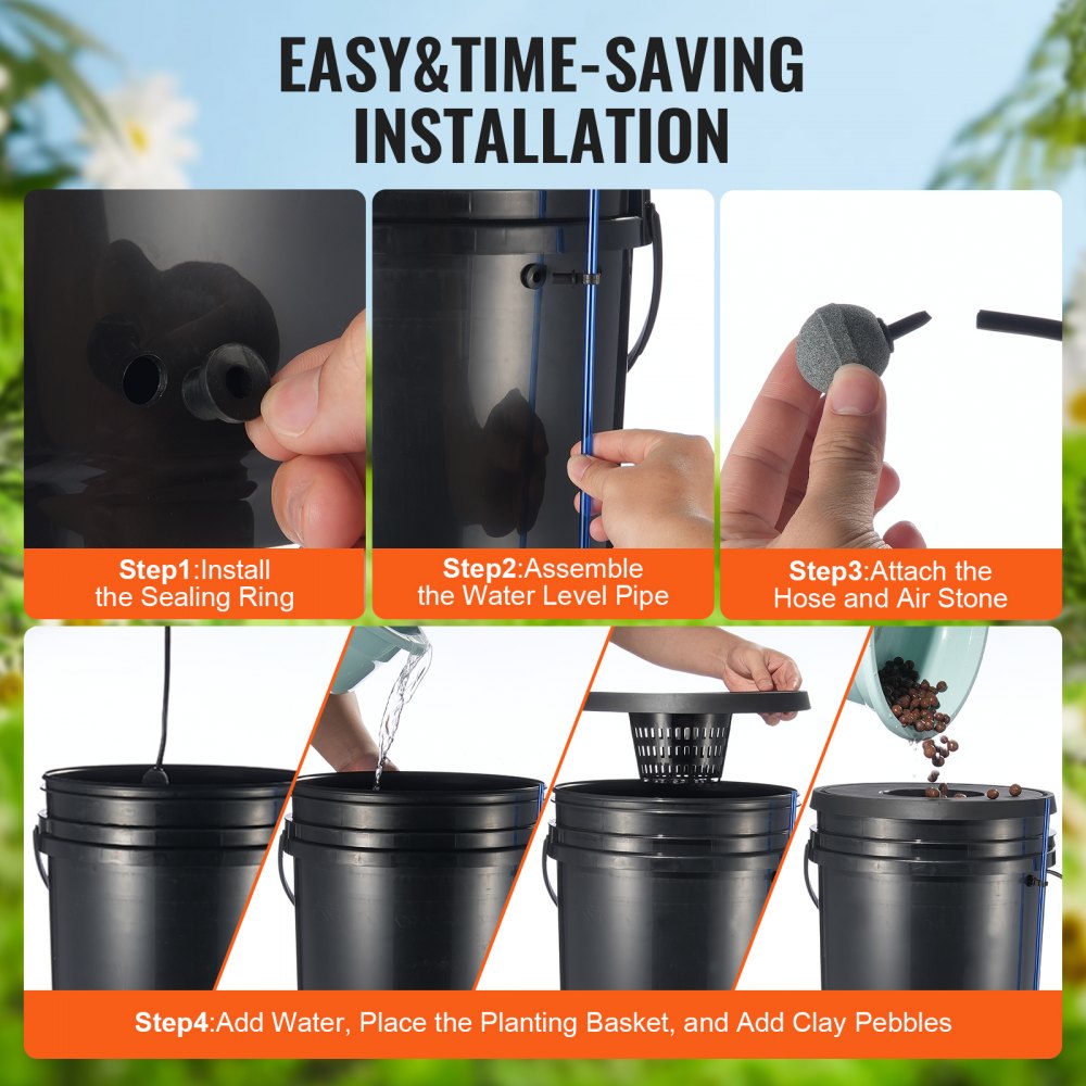 VEVOR DWC Hydroponic System, 5 Gallon 4 Buckets, Deep Water Culture Growing Bucket, Hydroponics Grow Kit with Pump, Air Stone and Water Level Device, for Indoor/Outdoor Leafy Vegetables 