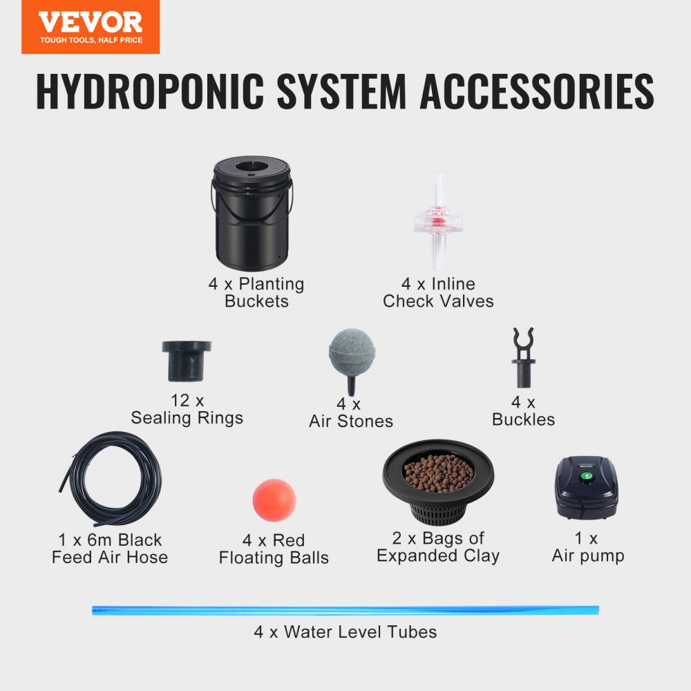 VEVOR DWC Hydroponic System, 5 Gallon 4 Buckets, Deep Water Culture Growing Bucket, Hydroponics Grow Kit with Pump, Air Stone and Water Level Device, for Indoor/Outdoor Leafy Vegetables 