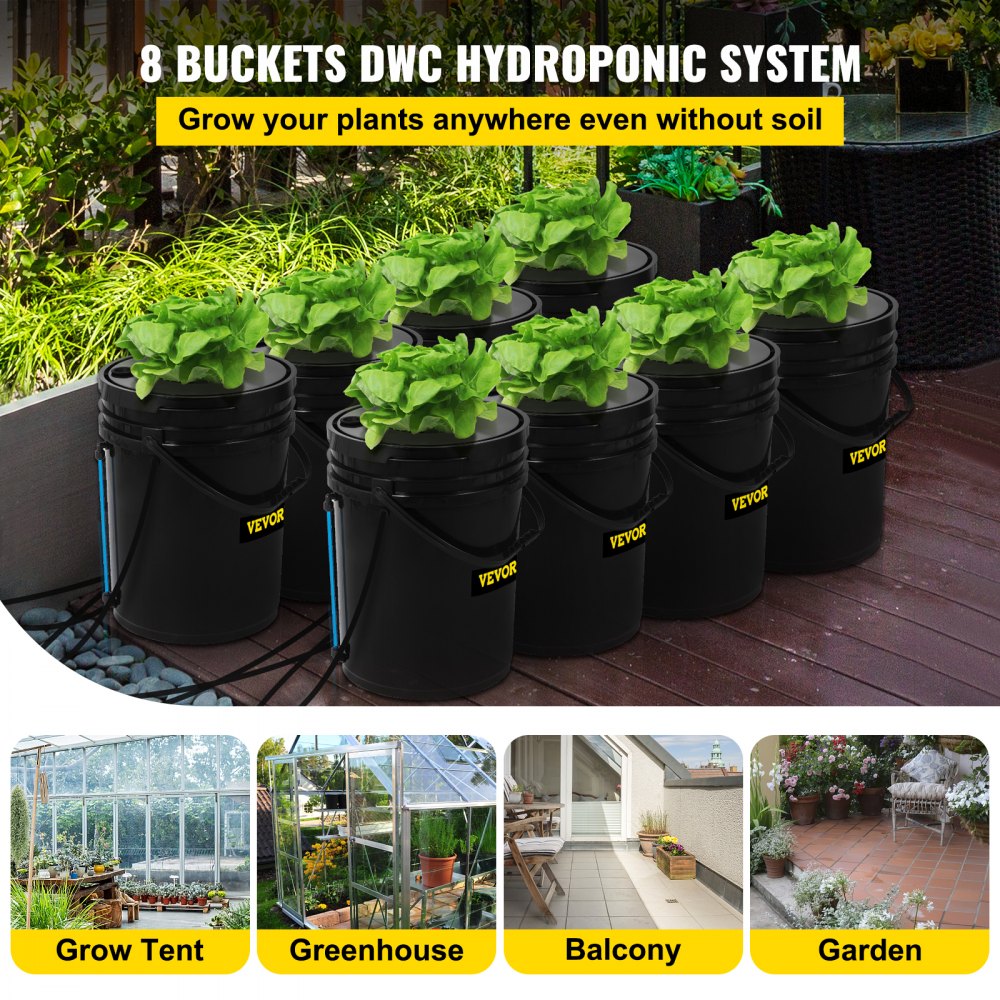 VEVOR DWC Hydroponic System, 5 Gallon 8 Buckets, Deep Water Culture Growing Bucket, Hydroponics Grow Kit with Pump, Air Stone and Water Level Device, for Indoor/Outdoor Leafy Vegetables 