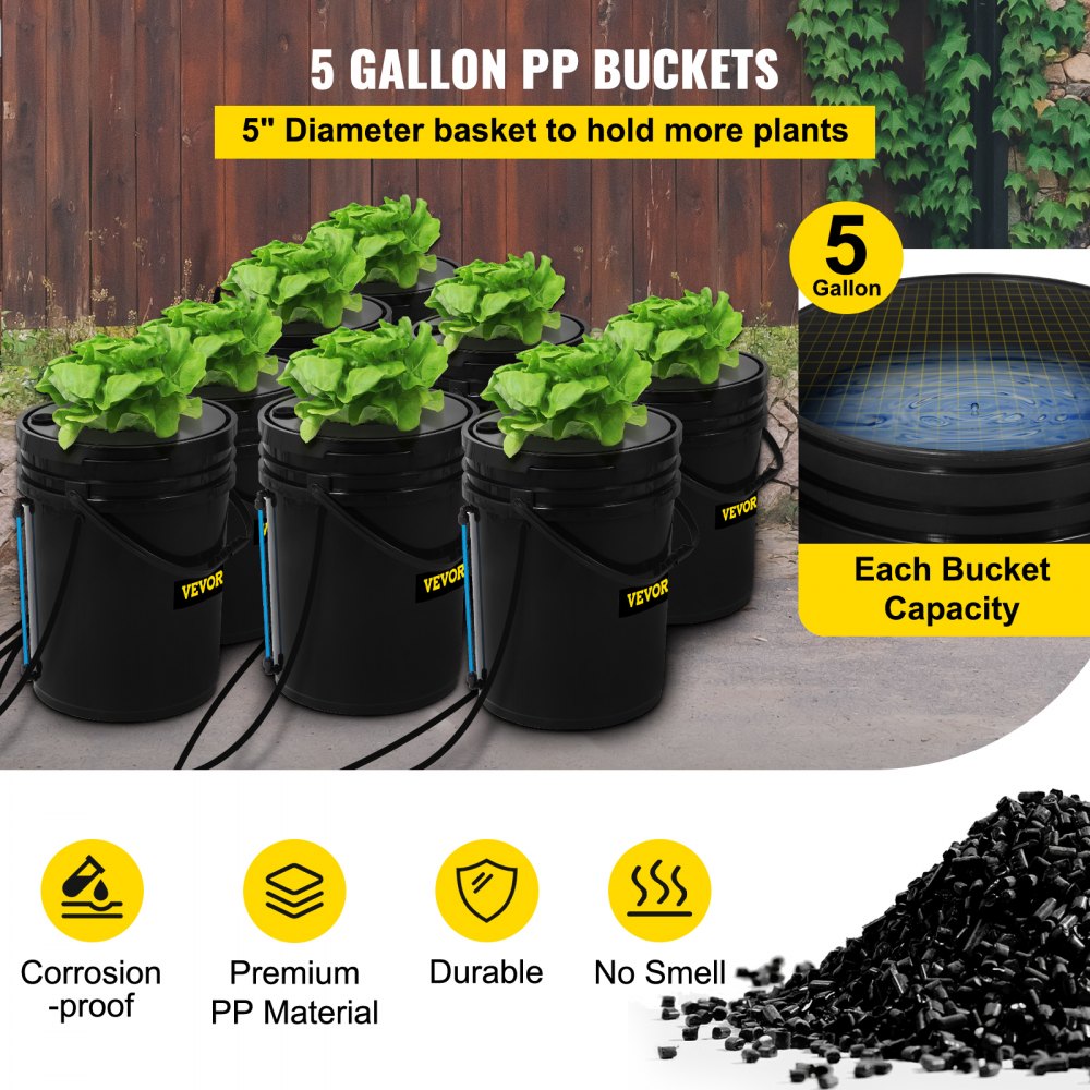 VEVOR DWC Hydroponic System, 5 Gallon 8 Buckets, Deep Water Culture Growing Bucket, Hydroponics Grow Kit with Pump, Air Stone and Water Level Device, for Indoor/Outdoor Leafy Vegetables 