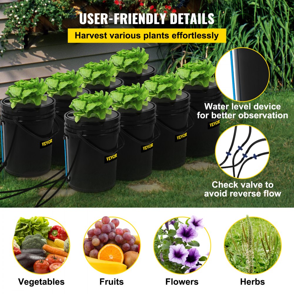 VEVOR DWC Hydroponic System, 5 Gallon 8 Buckets, Deep Water Culture Growing Bucket, Hydroponics Grow Kit with Pump, Air Stone and Water Level Device, for Indoor/Outdoor Leafy Vegetables 
