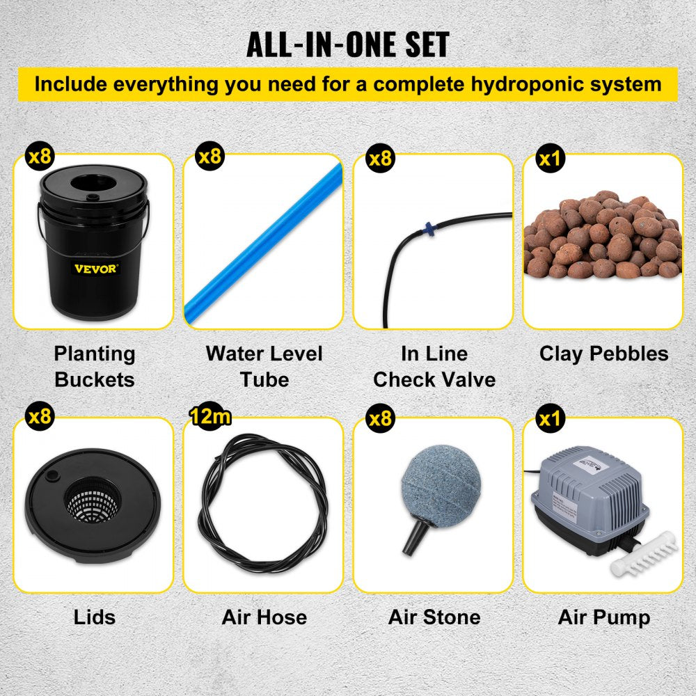 VEVOR DWC Hydroponic System, 5 Gallon 8 Buckets, Deep Water Culture Growing Bucket, Hydroponics Grow Kit with Pump, Air Stone and Water Level Device, for Indoor/Outdoor Leafy Vegetables 