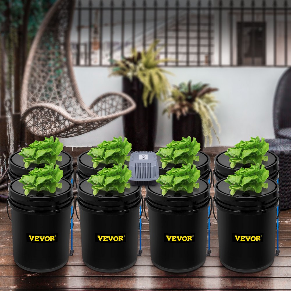 VEVOR DWC Hydroponic System, 5 Gallon 8 Buckets, Deep Water Culture Growing Bucket, Hydroponics Grow Kit with Pump, Air Stone and Water Level Device, for Indoor/Outdoor Leafy Vegetables 