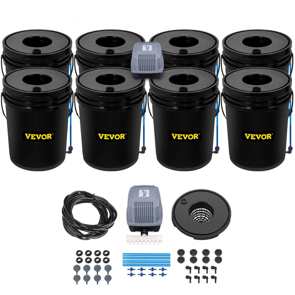 VEVOR DWC Hydroponic System, 5 Gallon 8 Buckets, Deep Water Culture Growing Bucket, Hydroponics Grow Kit with Pump, Air Stone and Water Level Device, for Indoor/Outdoor Leafy Vegetables 