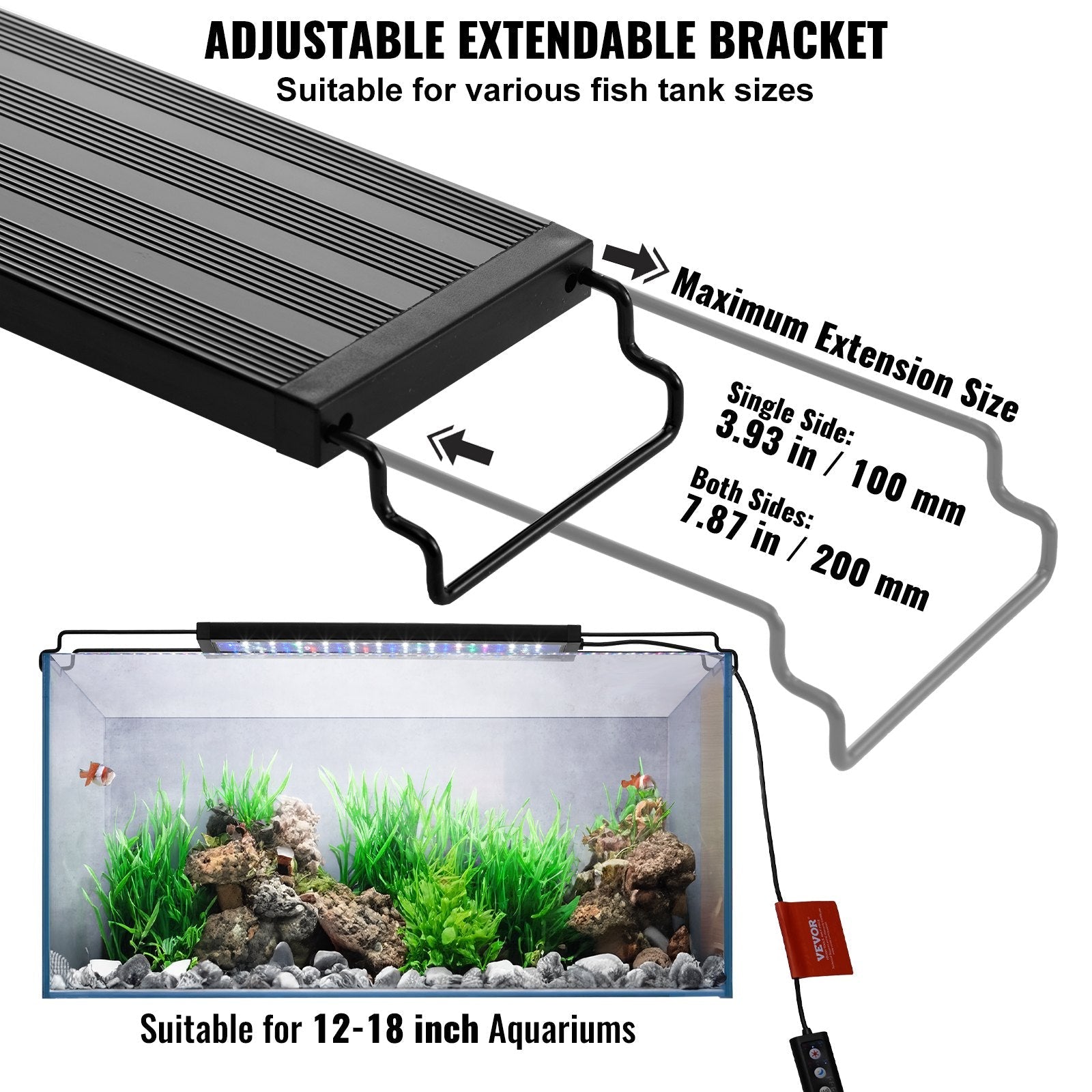 VEVOR Aquarium Light, 10W Full Spectrum Fish Tank Light with 5 Levels Adjustable Brightness, Adjustable Timer and Power-Off Memory, with ABS Shell Extendable Brackets for 12"-18" Freshwater Fish Tank 
