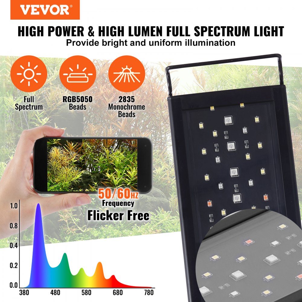 VEVOR Aquarium Light with LCD Monitor, 14W Full Spectrum Fish Tank Light with 24/7 Natural Mode, Adjustable Brightness & Timer - Aluminum Alloy Shell Extendable Brackets for 12"-18" Freshwater Tank 