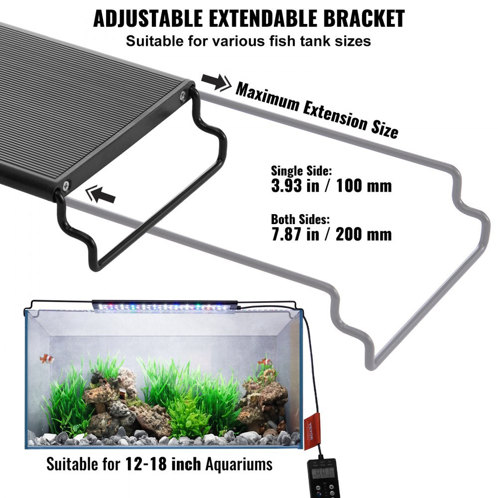 VEVOR Aquarium Light with LCD Monitor, 14W Full Spectrum Fish Tank Light with 24/7 Natural Mode, Adjustable Brightness & Timer - Aluminum Alloy Shell Extendable Brackets for 12"-18" Freshwater Tank 