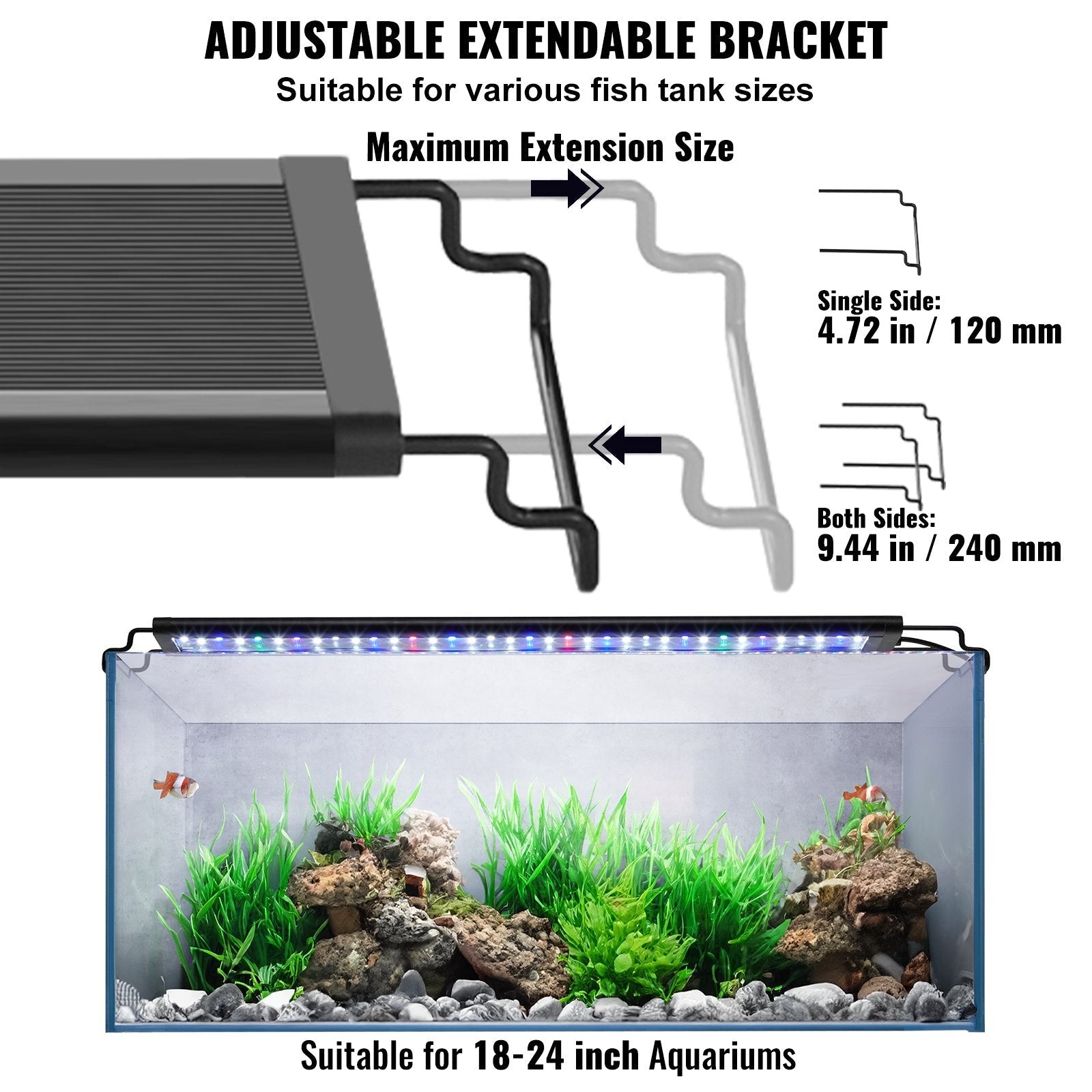VEVOR Aquarium Light, 18W Full Spectrum Fish Tank Light with 24/7 Natural Mode, Adjustable Timer & 5-Level Brightness, with Aluminum Alloy Shell Extendable Brackets for 18"-24" Freshwater Planted Tank 