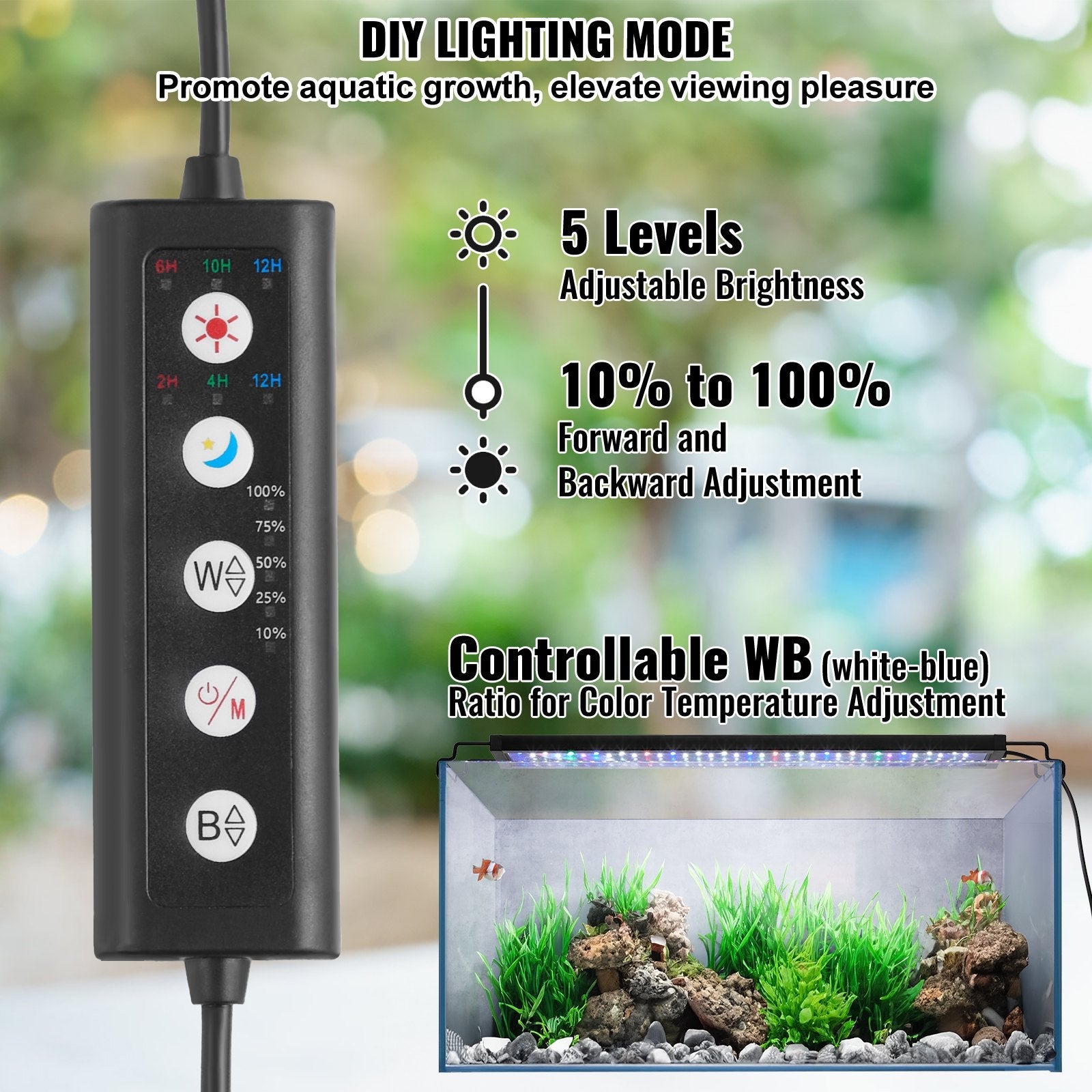 VEVOR Aquarium Light, 14W Full Spectrum Fish Tank Light with 5 Levels Adjustable Brightness, Adjustable Timer and Power-Off Memory, with ABS Shell Extendable Brackets for 18"-24" Freshwater Fish Tank 