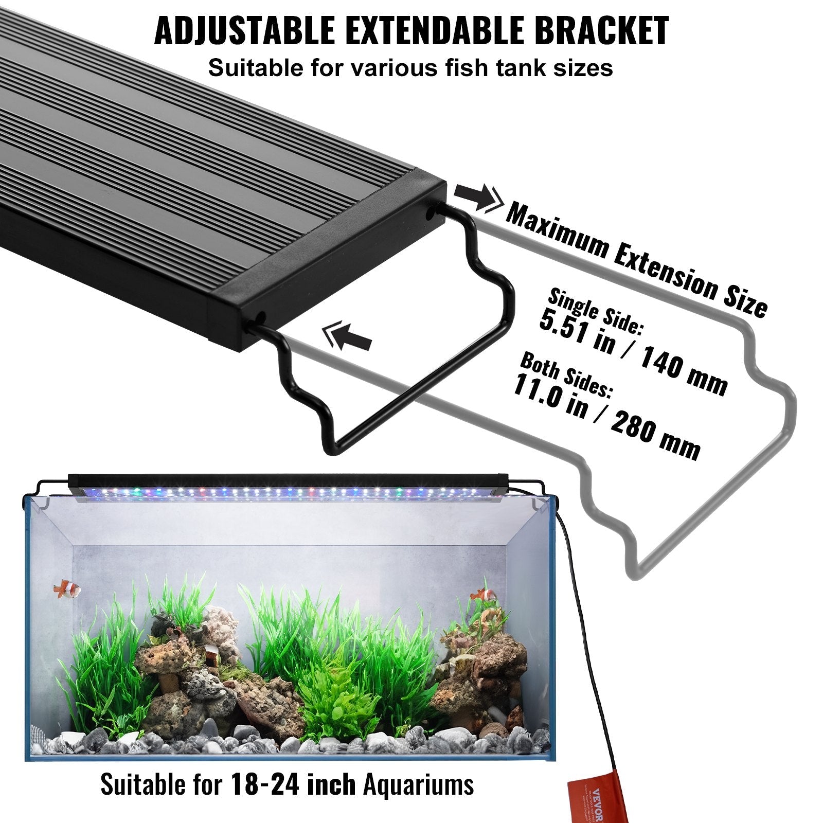 VEVOR Aquarium Light, 14W Full Spectrum Fish Tank Light with 5 Levels Adjustable Brightness, Adjustable Timer and Power-Off Memory, with ABS Shell Extendable Brackets for 18"-24" Freshwater Fish Tank 