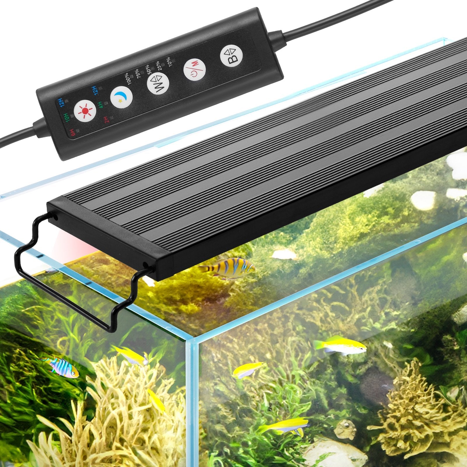 VEVOR Aquarium Light, 14W Full Spectrum Fish Tank Light with 5 Levels Adjustable Brightness, Adjustable Timer and Power-Off Memory, with ABS Shell Extendable Brackets for 18"-24" Freshwater Fish Tank 