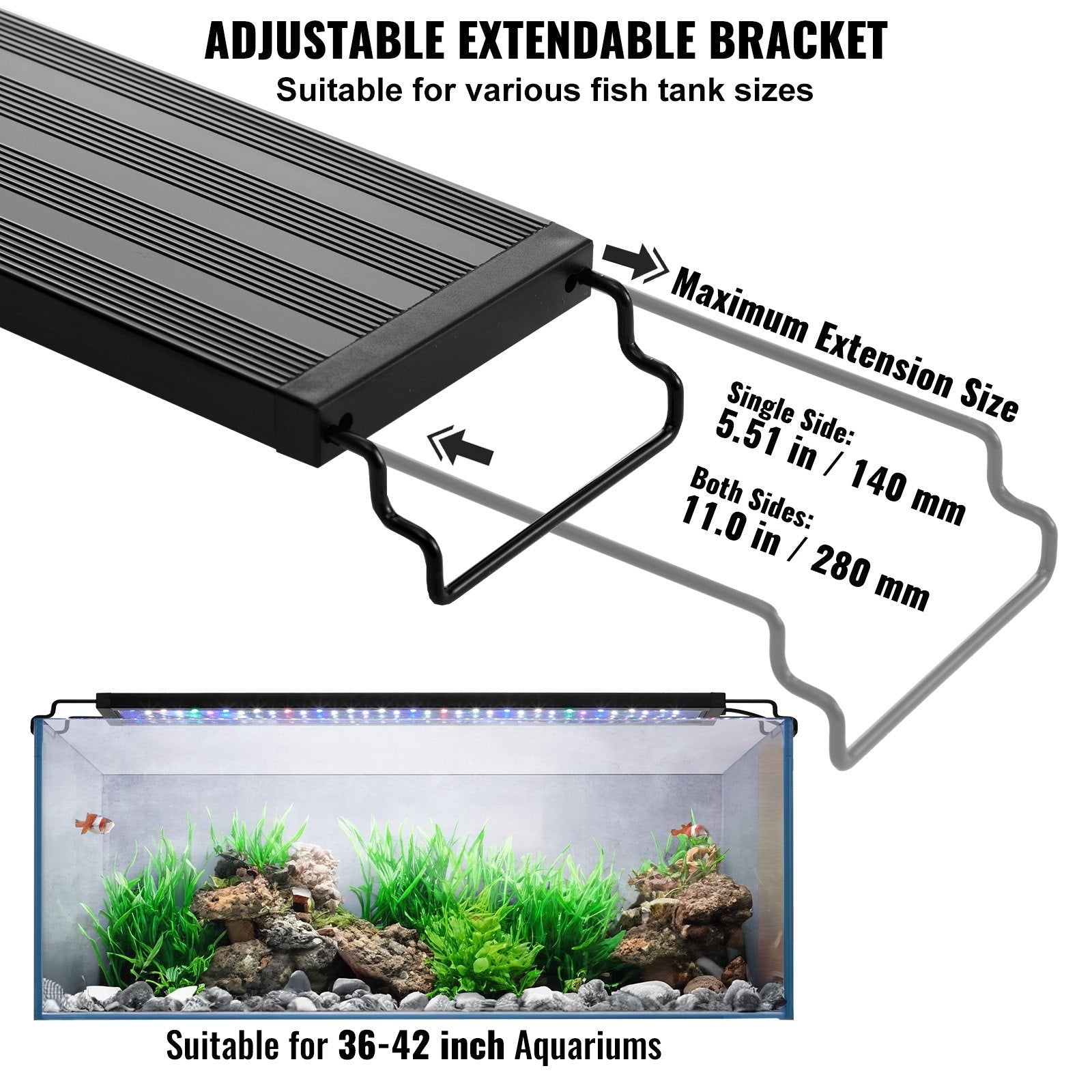 VEVOR Aquarium Light, 26W Full Spectrum Fish Tank Light with 5 Levels Adjustable Brightness, Adjustable Timer and Power-Off Memory, with ABS Shell Extendable Brackets for 36"-42" Freshwater Fish Tank 