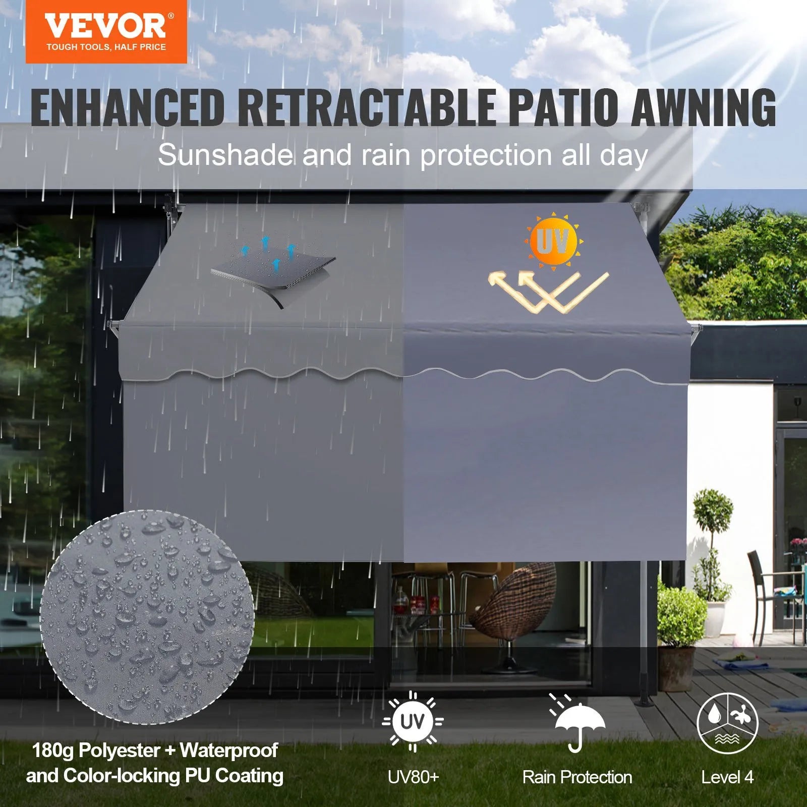 VEVOR Manual Retractable Awning, 78" Outdoor Retractable Patio Awning Sunshade Shelter, Adjustable Patio Door Window Awning Canopy with 39" Sun Shade Curtain for Backyard, Garden, Balcony