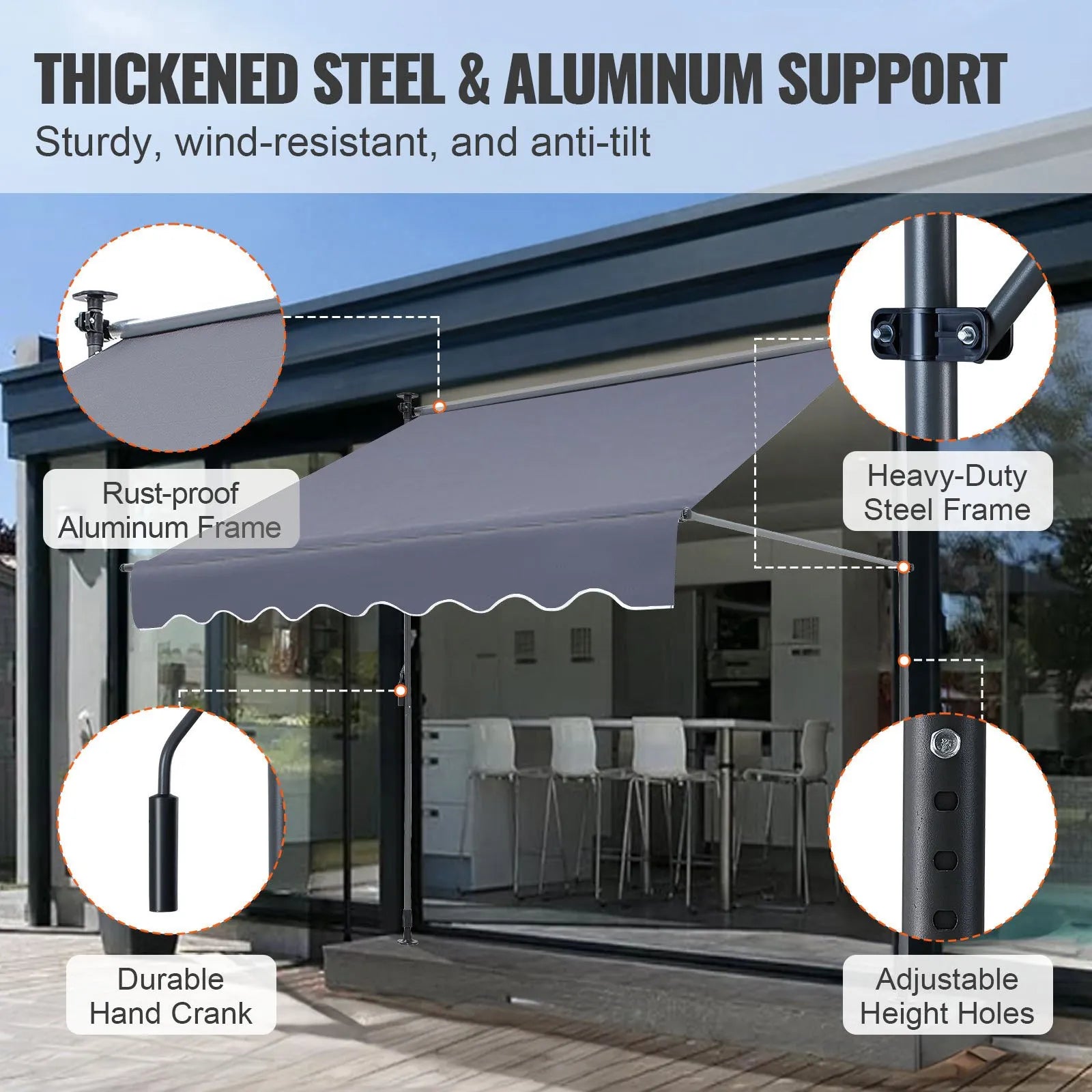 VEVOR Manual Retractable Awning, 78" Outdoor Retractable Patio Awning Sunshade Shelter, Adjustable Patio Door Window Awning Canopy with 39" Sun Shade Curtain for Backyard, Garden, Balcony